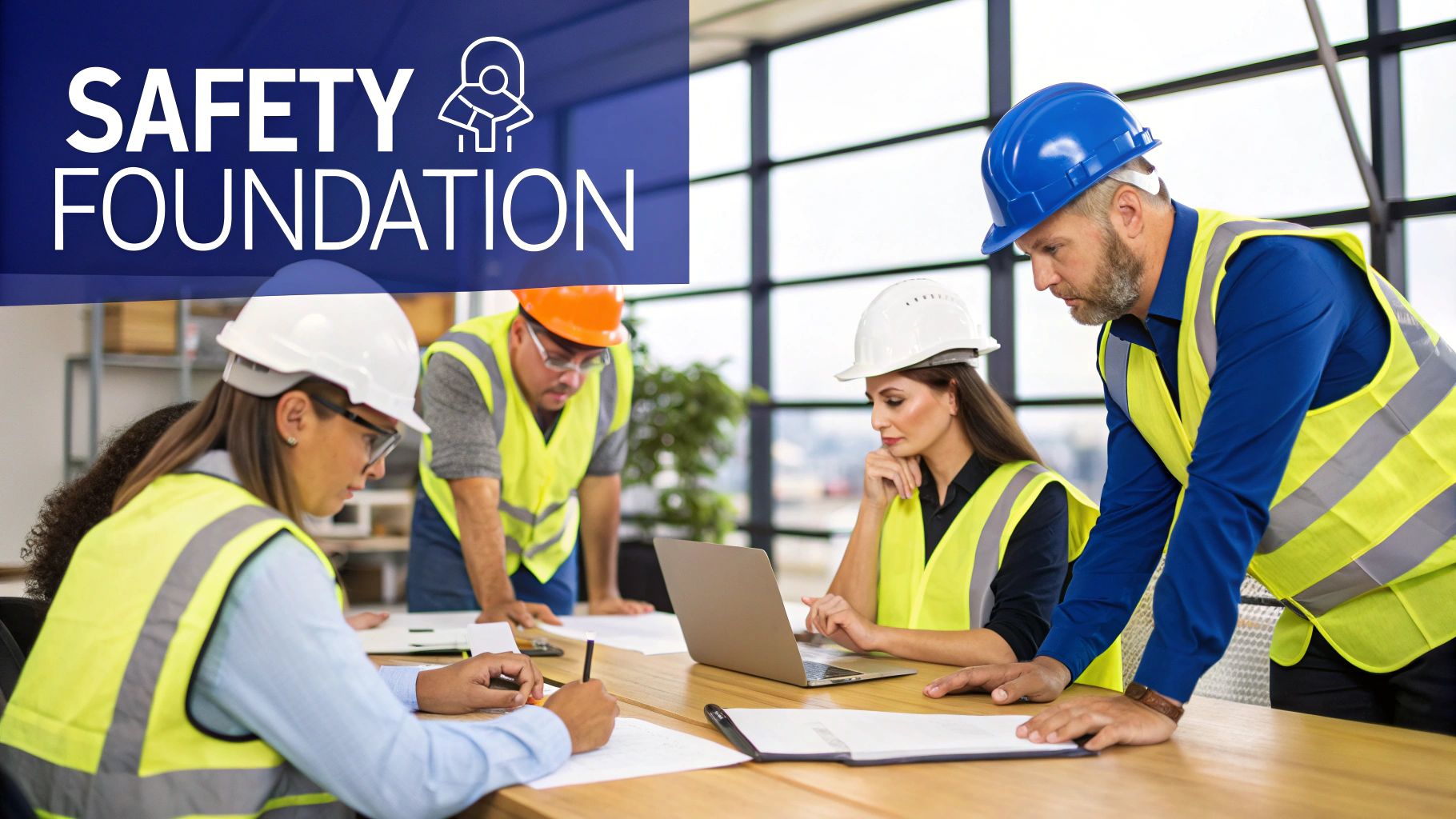 Two security professionals in high-visibility vests discussing plans at a workplace.