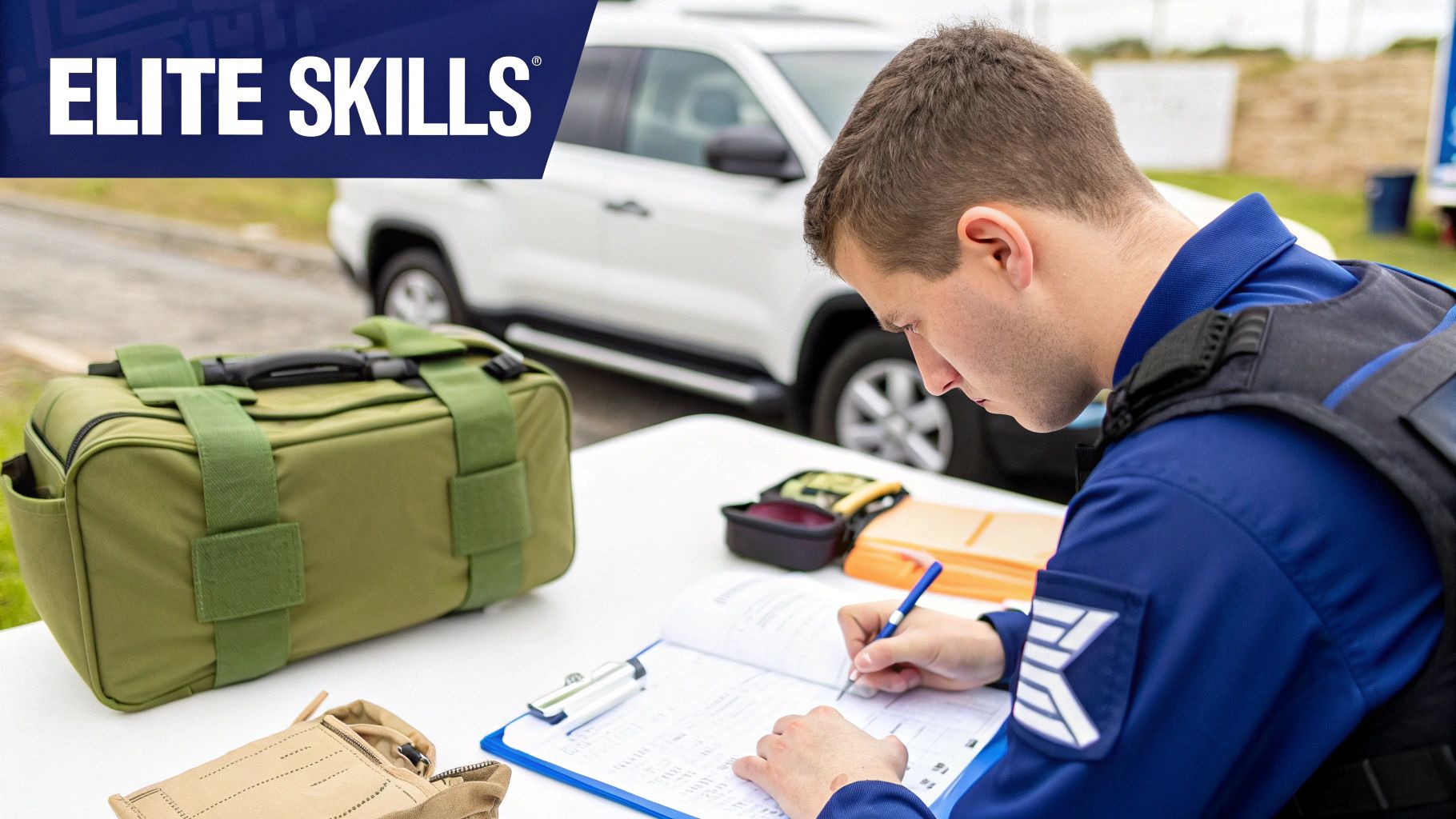 An elite protection officer in a professional suit, scanning the environment with focus and determination.