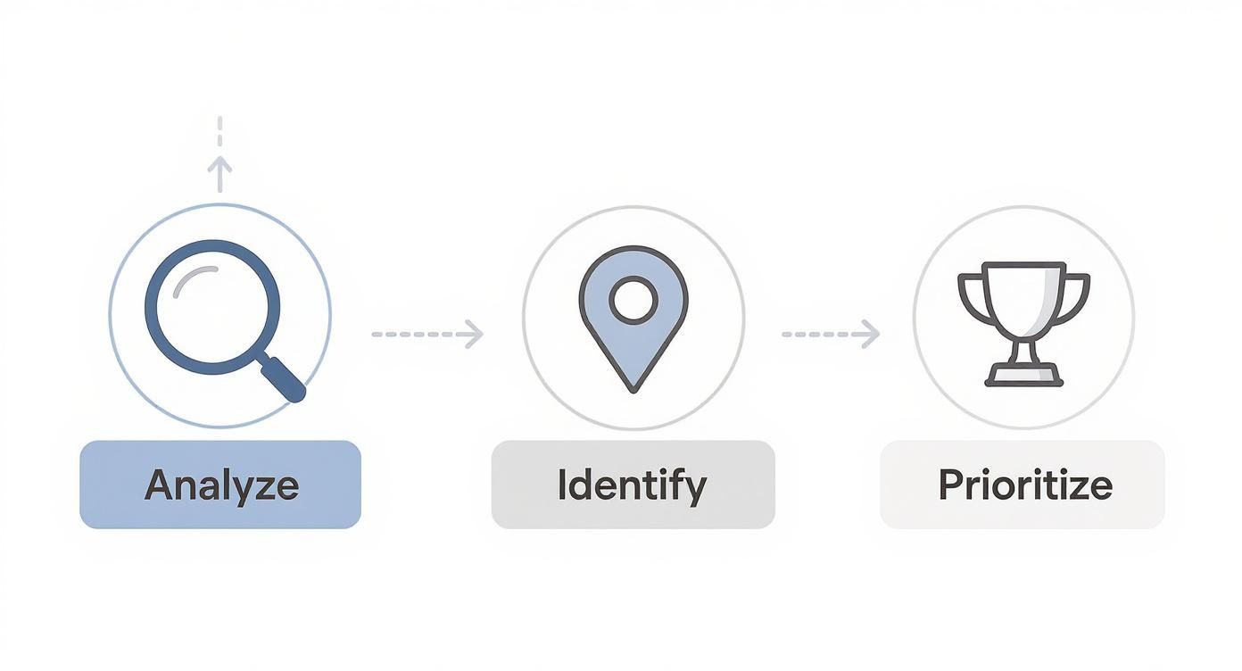 Infographic showing a three-step process for event security risk assessment in Melbourne, featuring icons for analysis, identification, and prioritisation.