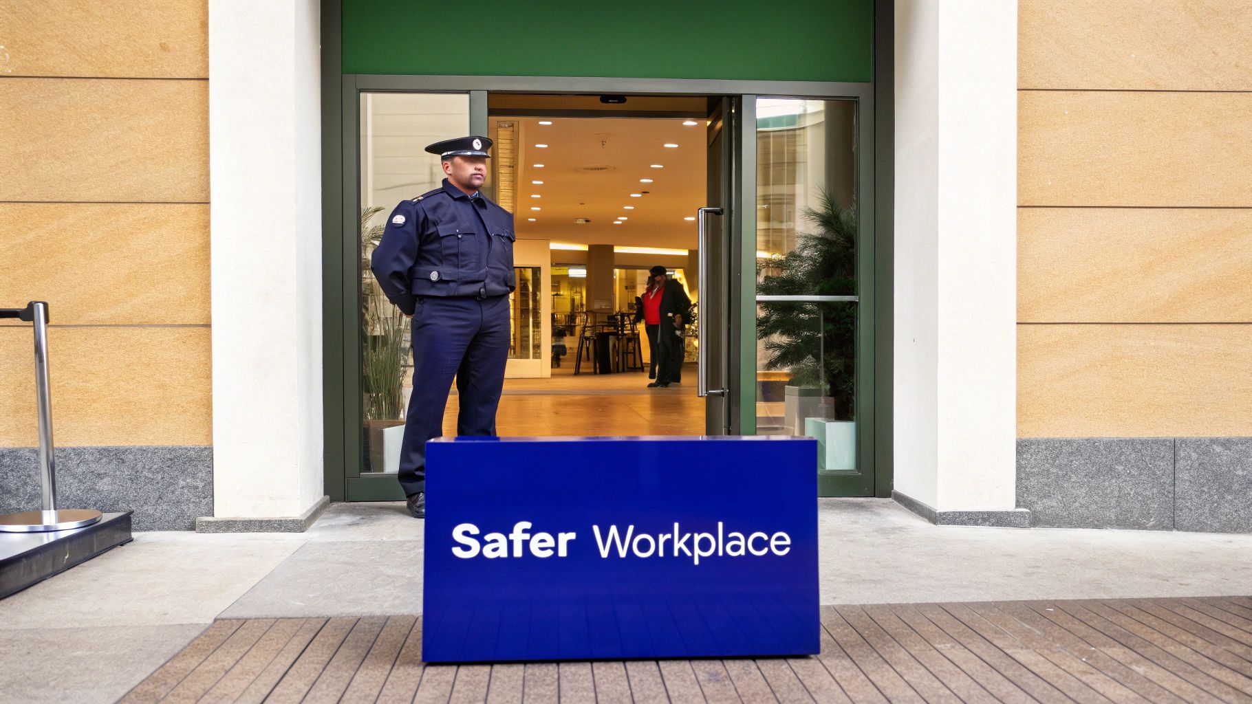A security guard monitoring surveillance feeds in a control room.
