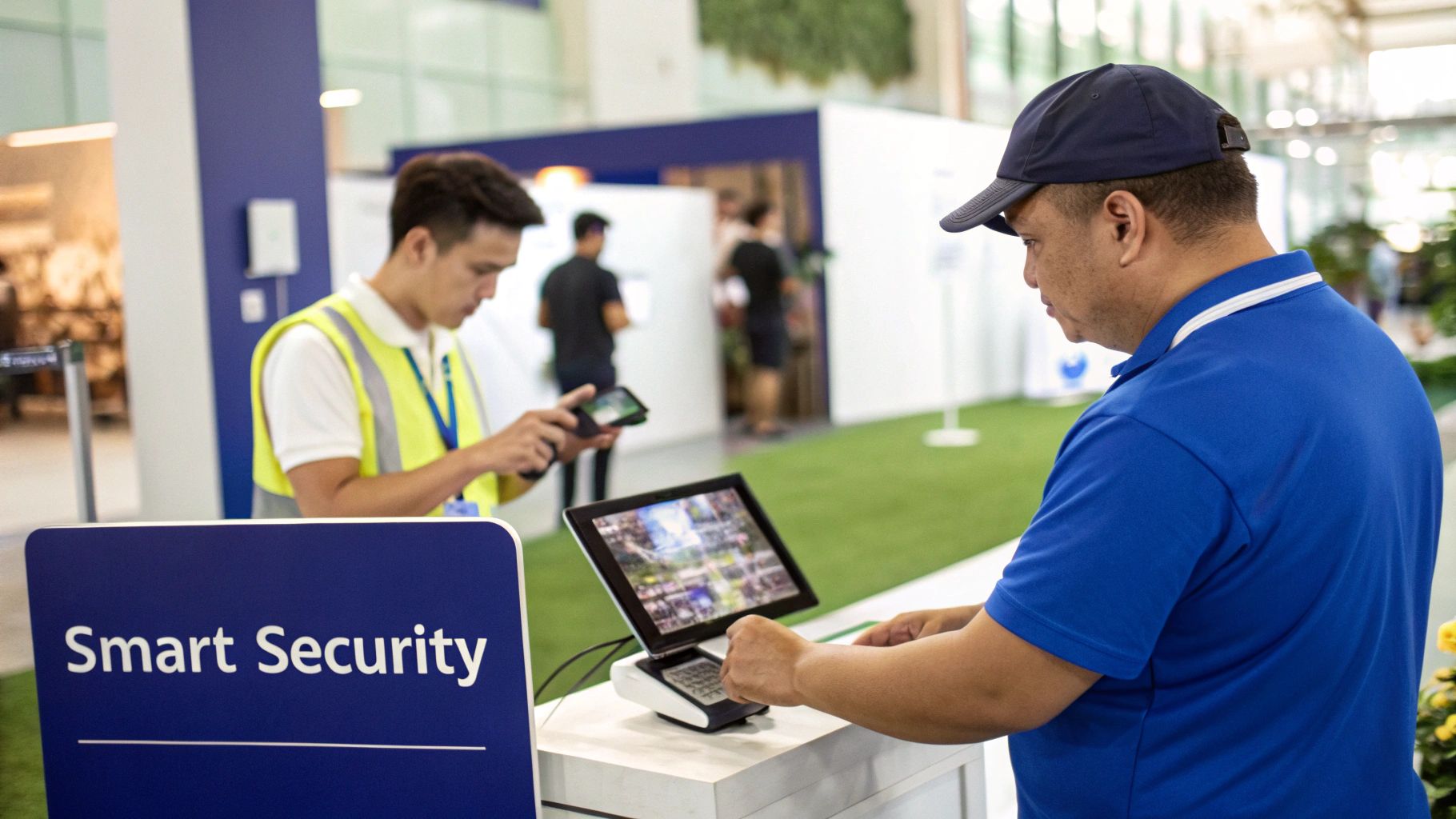 Security team using tablets and radios to coordinate event security.