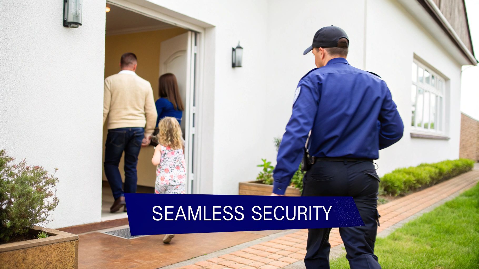 Two security professionals having a discussion in a bright, modern corporate building, demonstrating collaborative partnership.