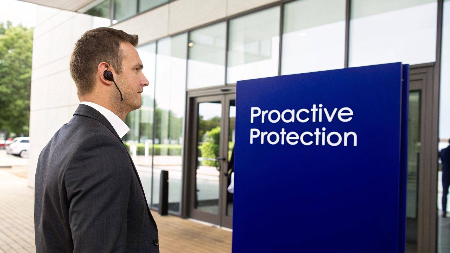 A private security bodyguard in a suit communicating via earpiece, showcasing professionalism and alertness.