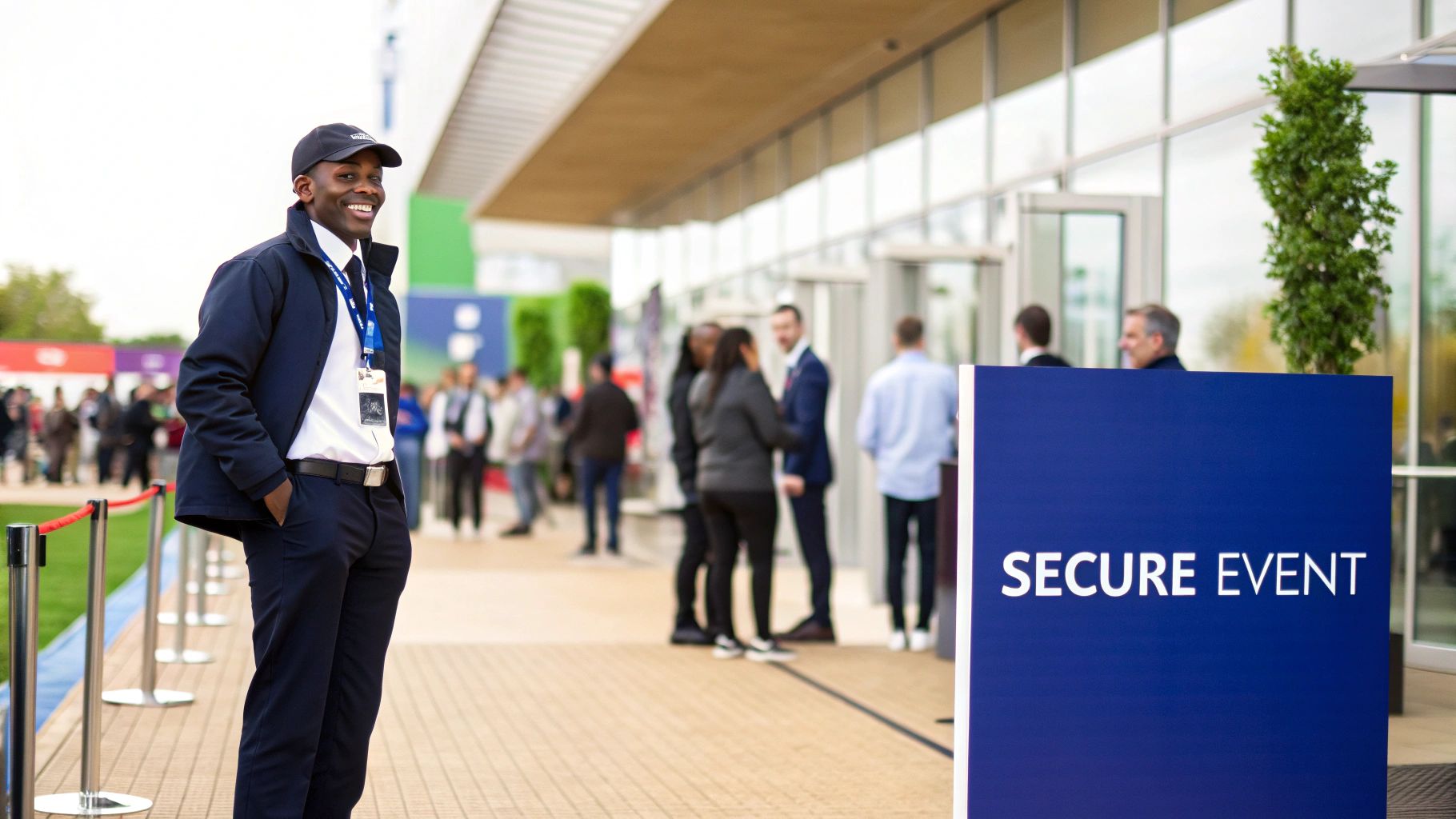 A professional security guard in a dark uniform stands watch at an event.
