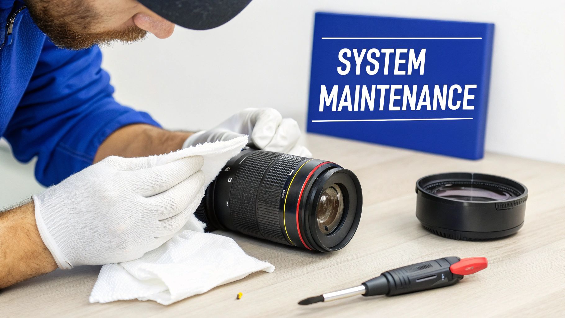 A security technician performing maintenance on a surveillance camera mounted on a brick wall.