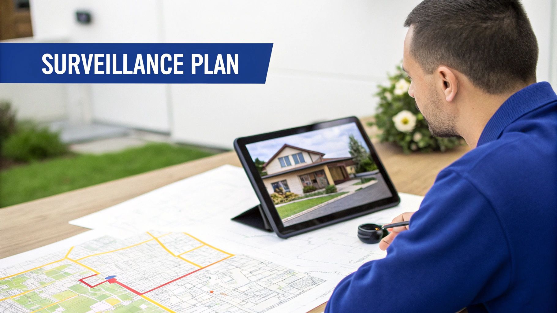 A detailed blueprint of a property with CCTV camera placements marked.