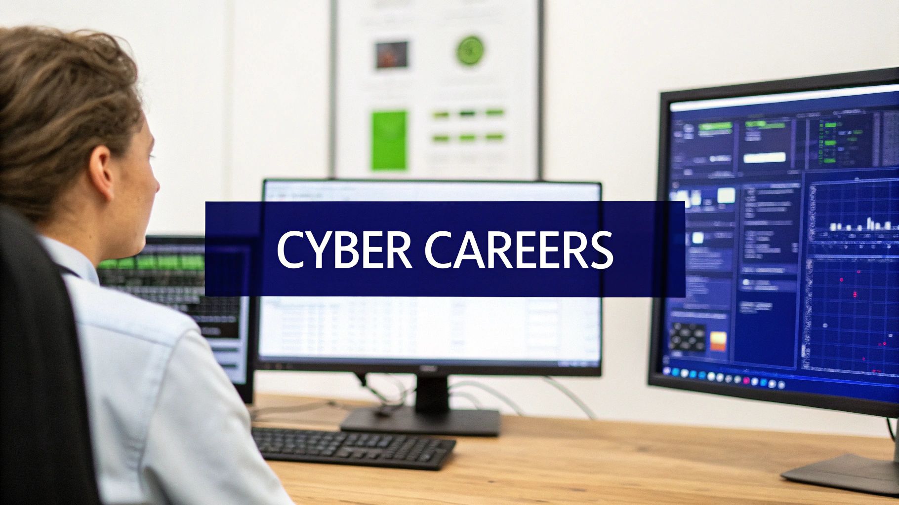 A professional working on multiple computer screens displaying complex data and code