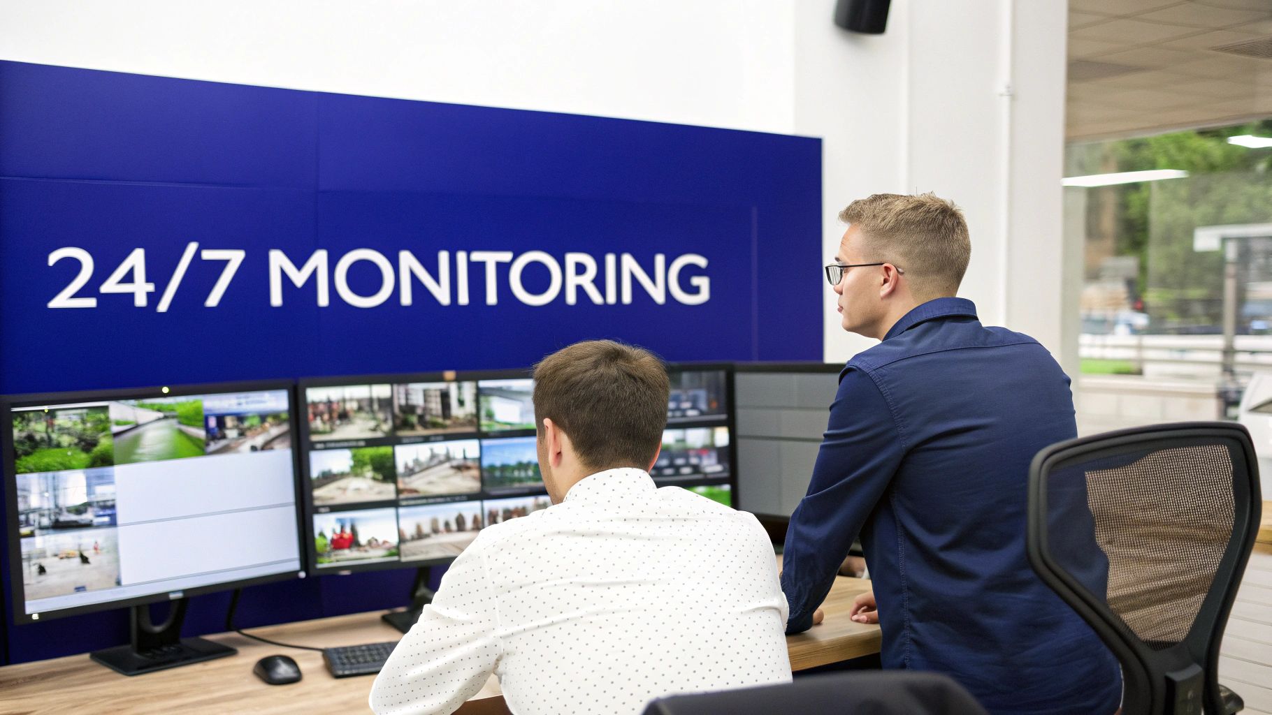 A security professional monitoring multiple screens in a control room.