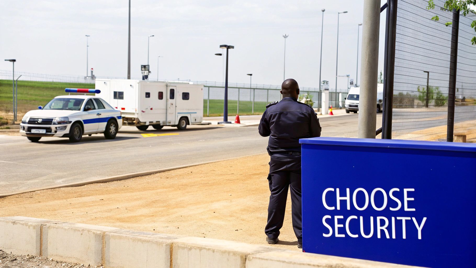 A professional security guard stands alert in a modern building lobby, representing tailored security services.