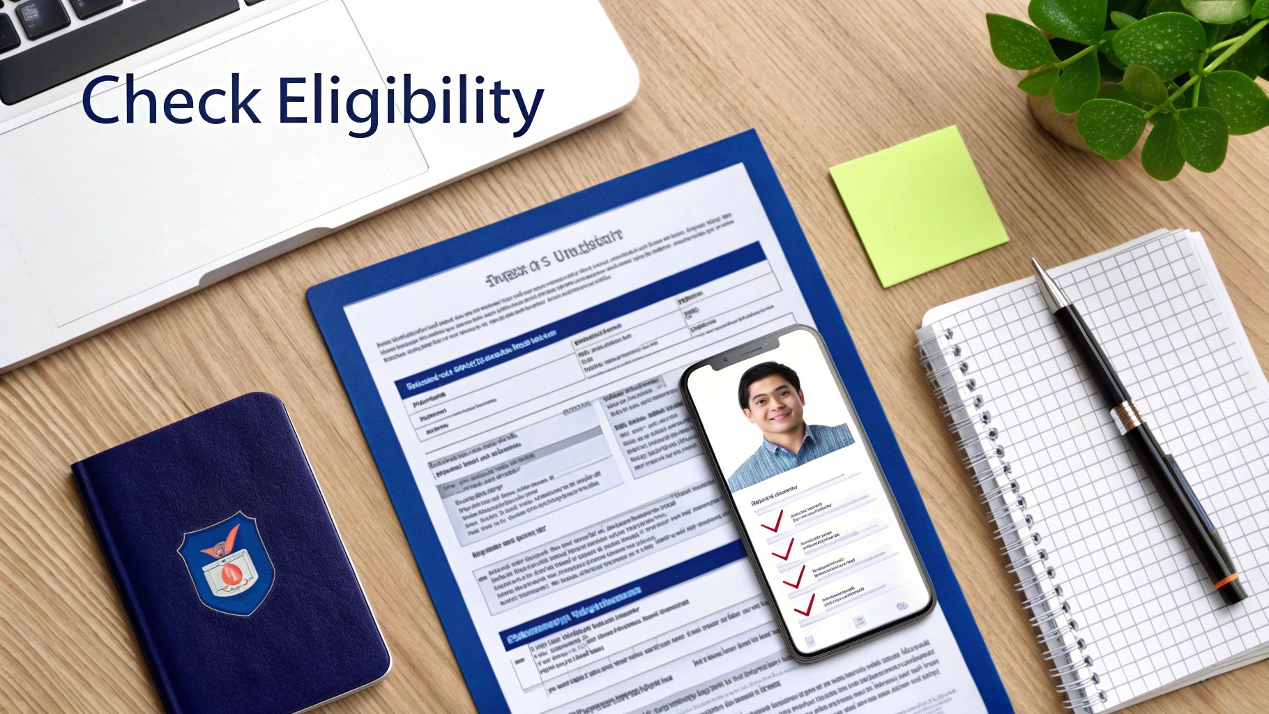 A security officer reviewing paperwork on a clipboard, signifying an eligibility check.
