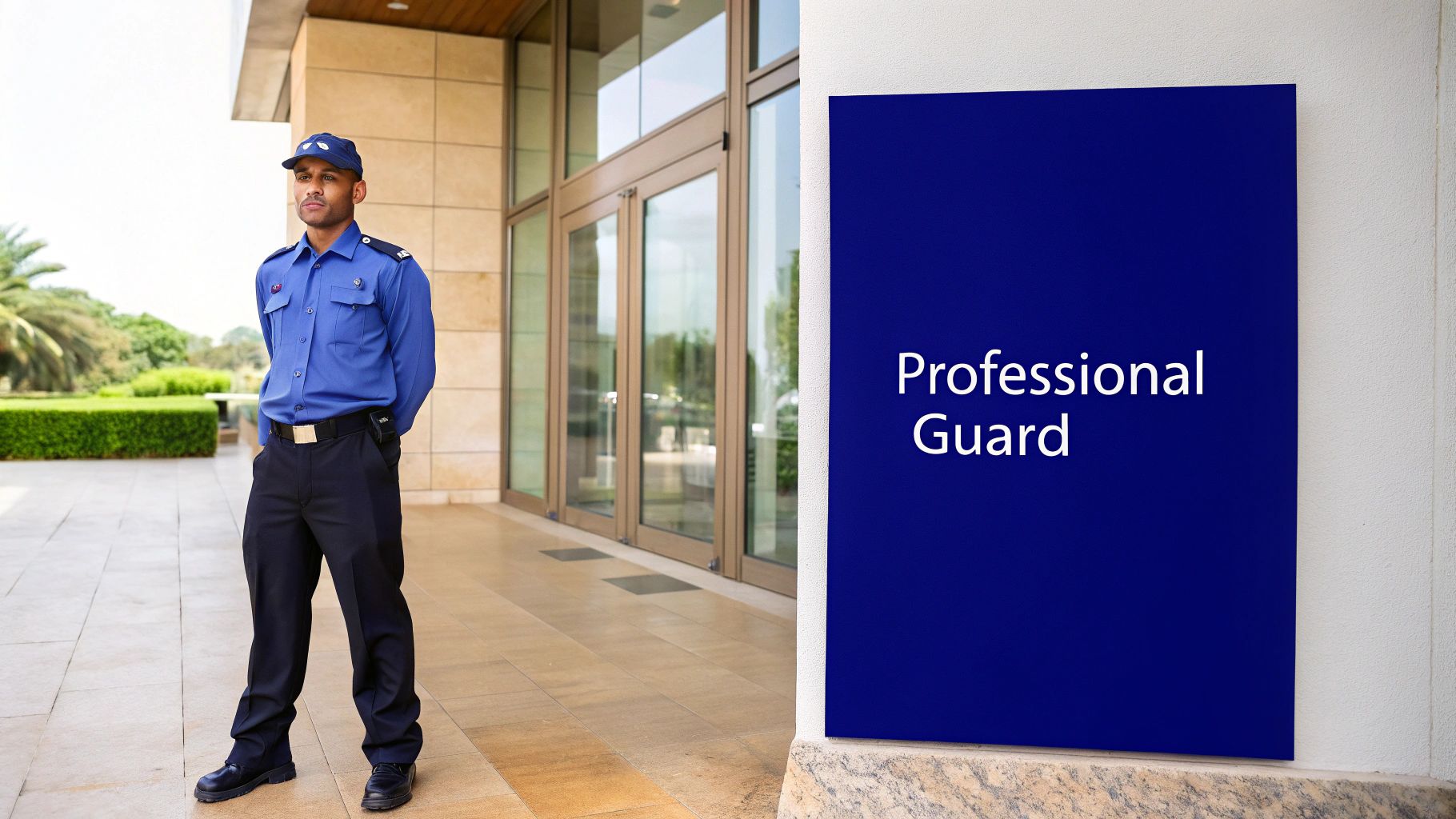 A professional security guard in a dark uniform stands confidently in front of a modern building, representing reliability and expertise.