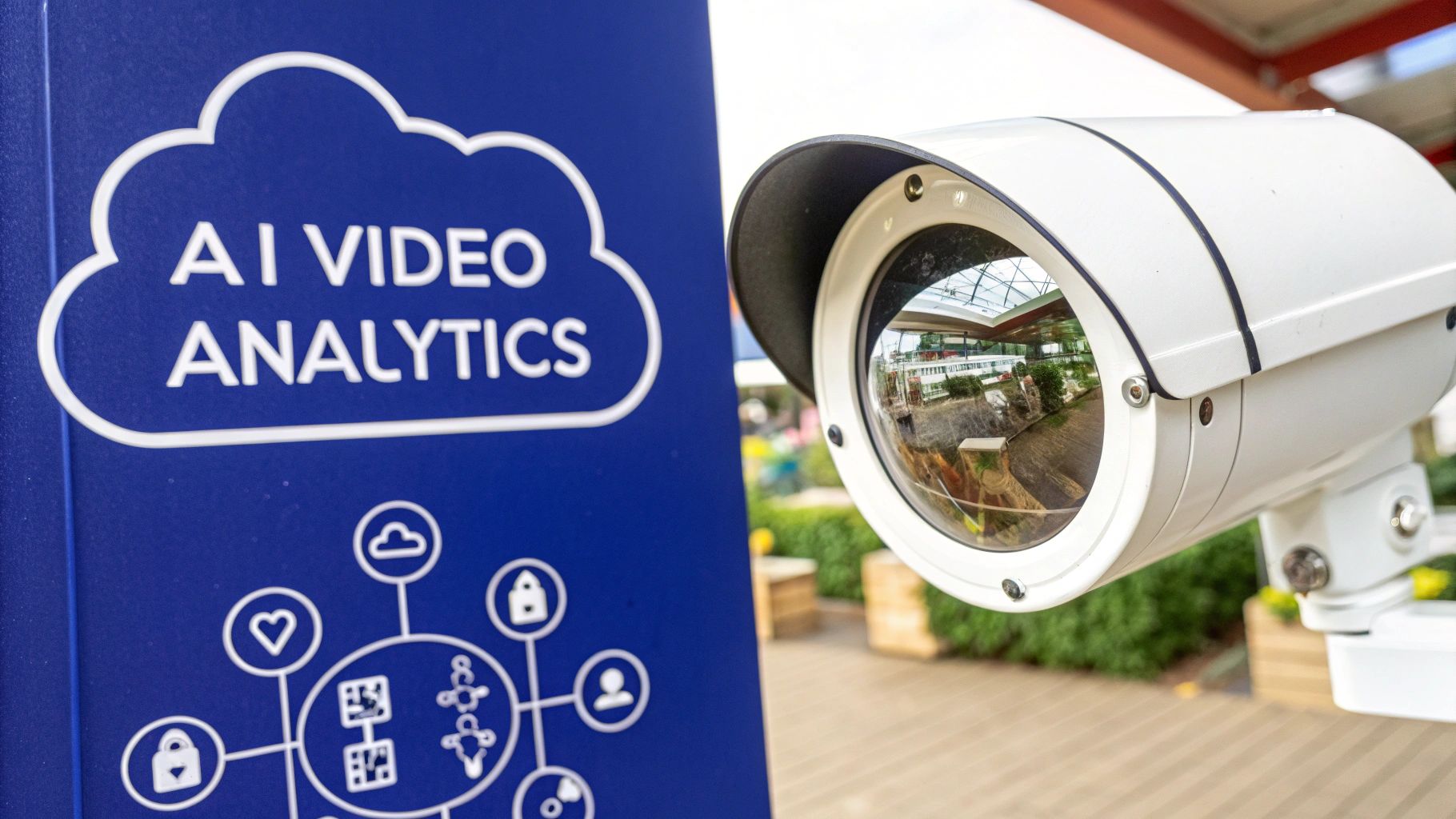 A futuristic digital interface showing security camera feeds and data analytics.