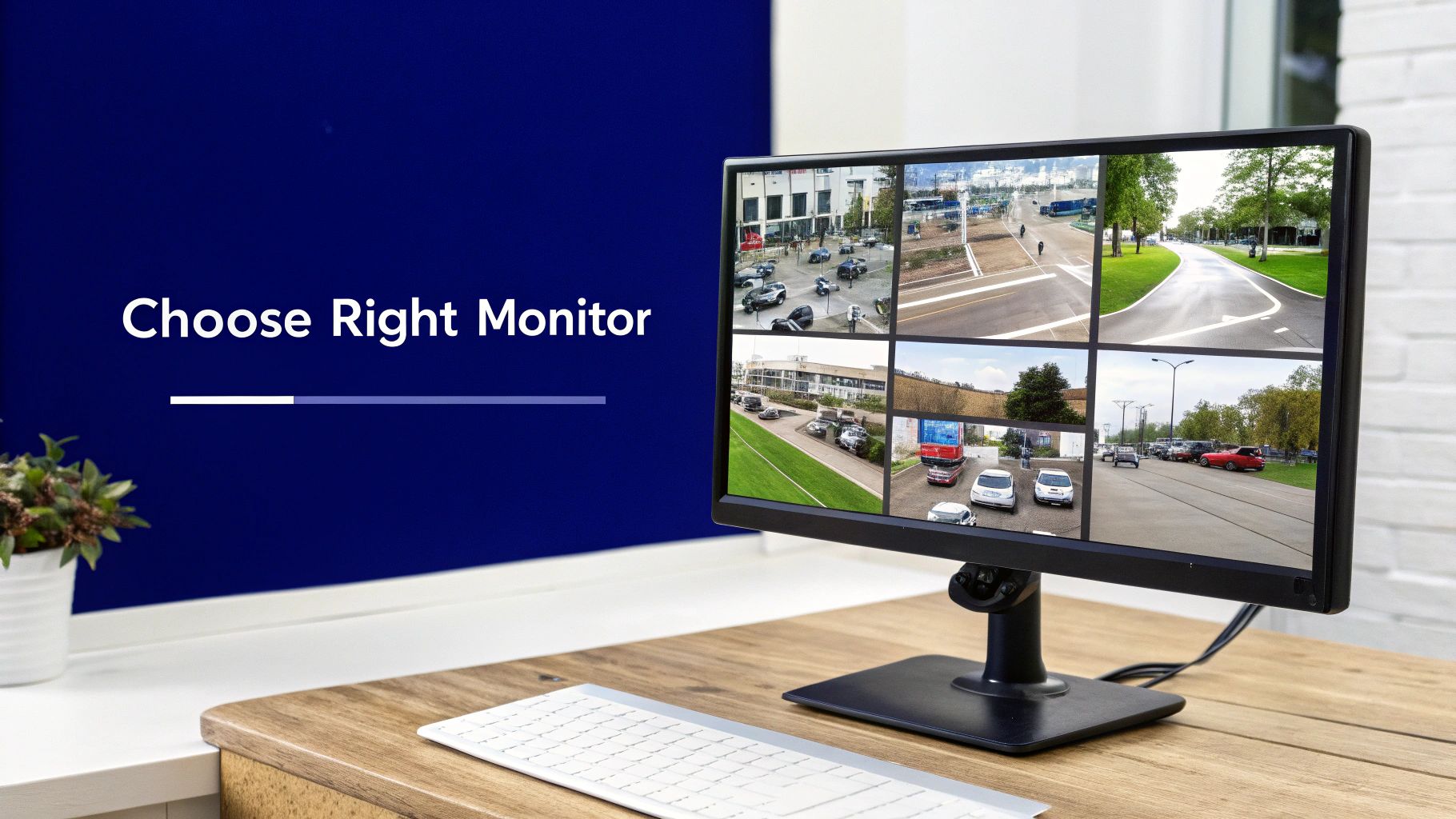 A security professional monitoring multiple screens displaying CCTV footage