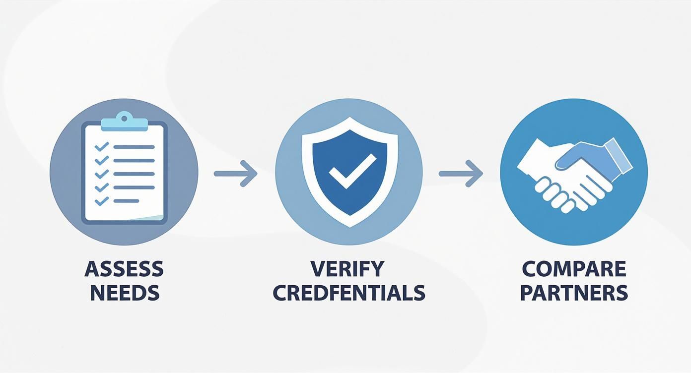 Infographic showing a 3-step process to choose security companies in sydney: Assess Needs, Verify Credentials, and Compare Partners.