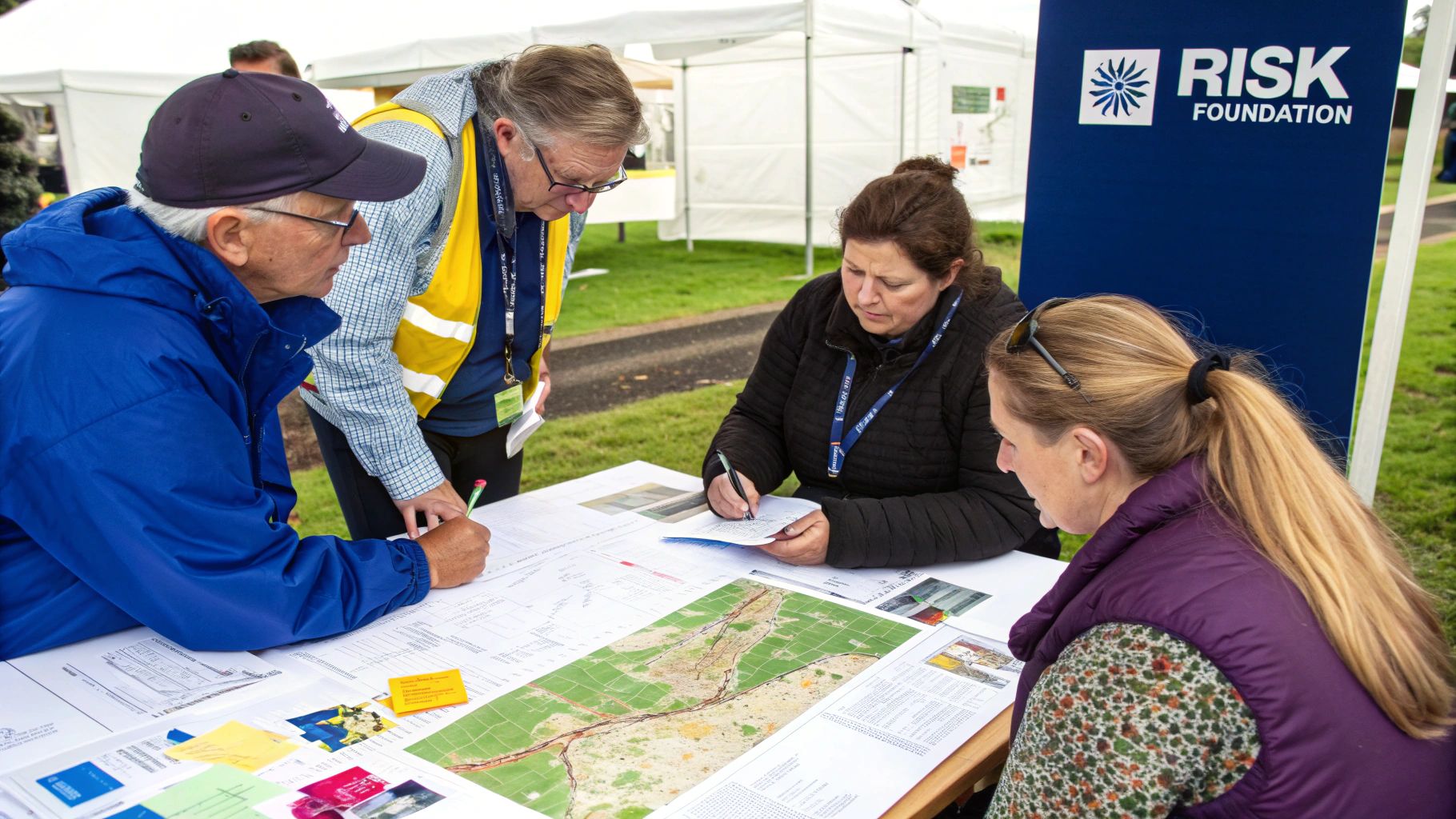 A security professional carefully reviewing a risk assessment checklist on a clipboard during an event.
