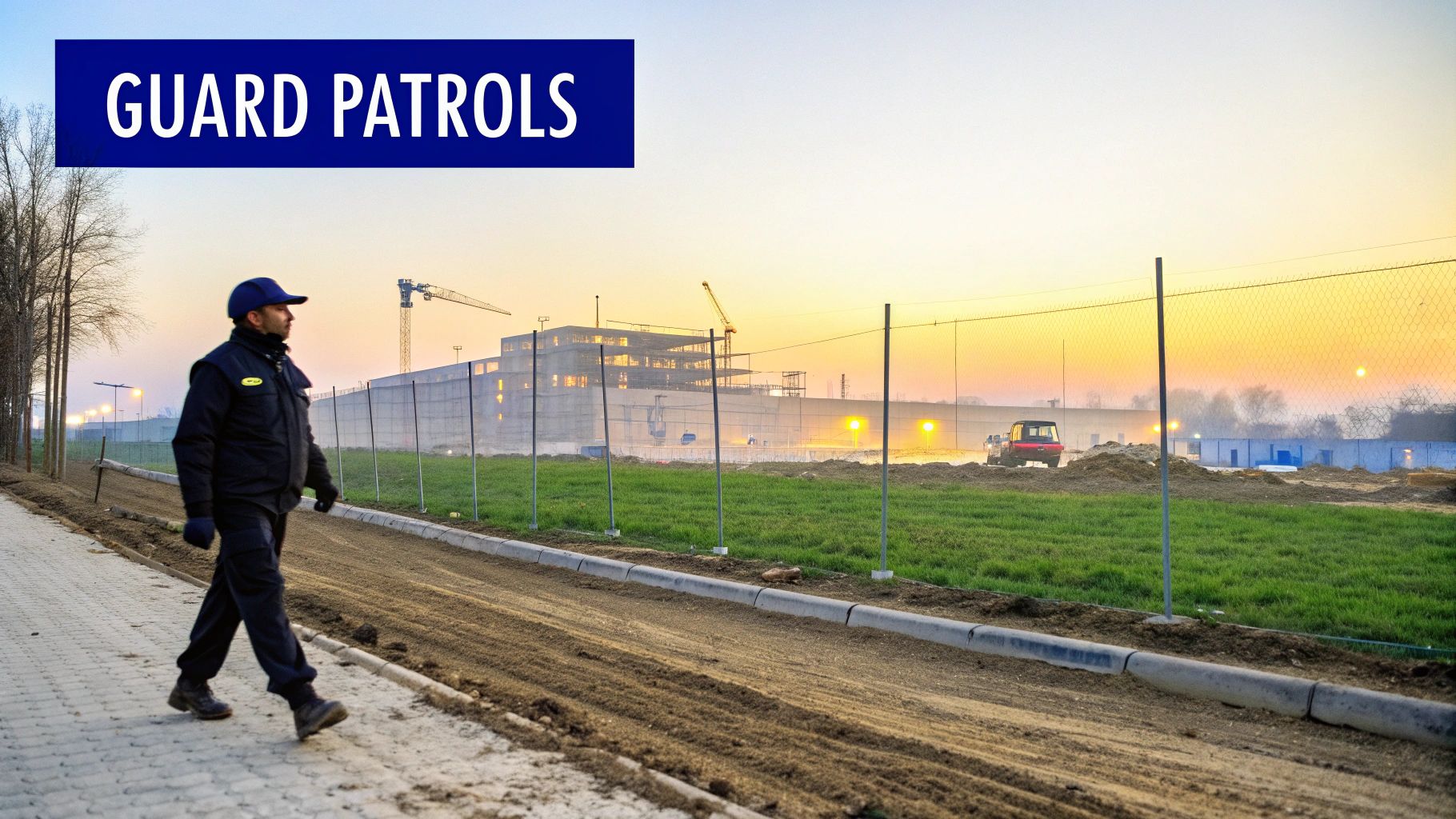 A professional security guard in a high-visibility uniform patrols a construction site at night, checking the perimeter fence.