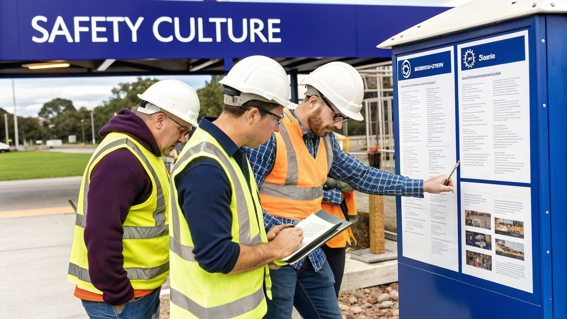 Workers in a safety briefing on a construction site.