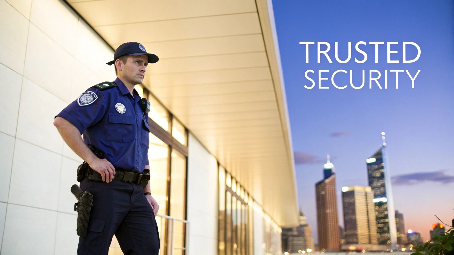A security guard standing in front of a modern building, representing professionalism and compliance.