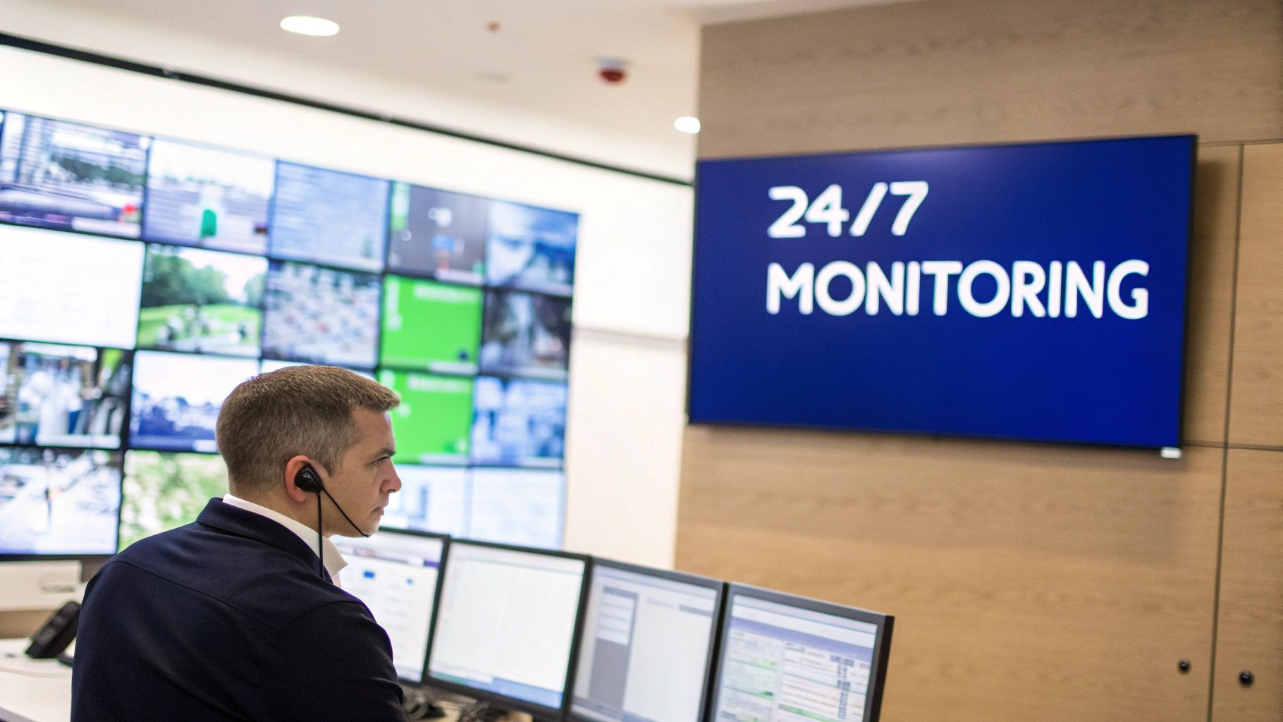 A security guard monitoring multiple CCTV screens in a control room.