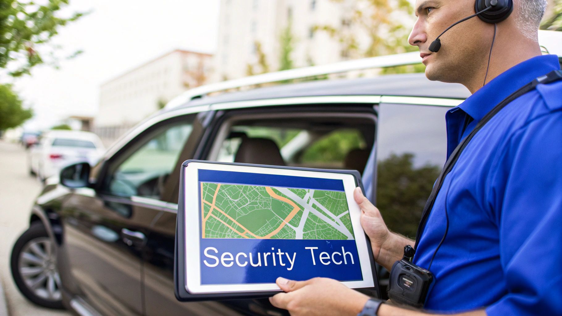A modern private security bodyguard uses a tablet to monitor real-time data in a high-tech environment.