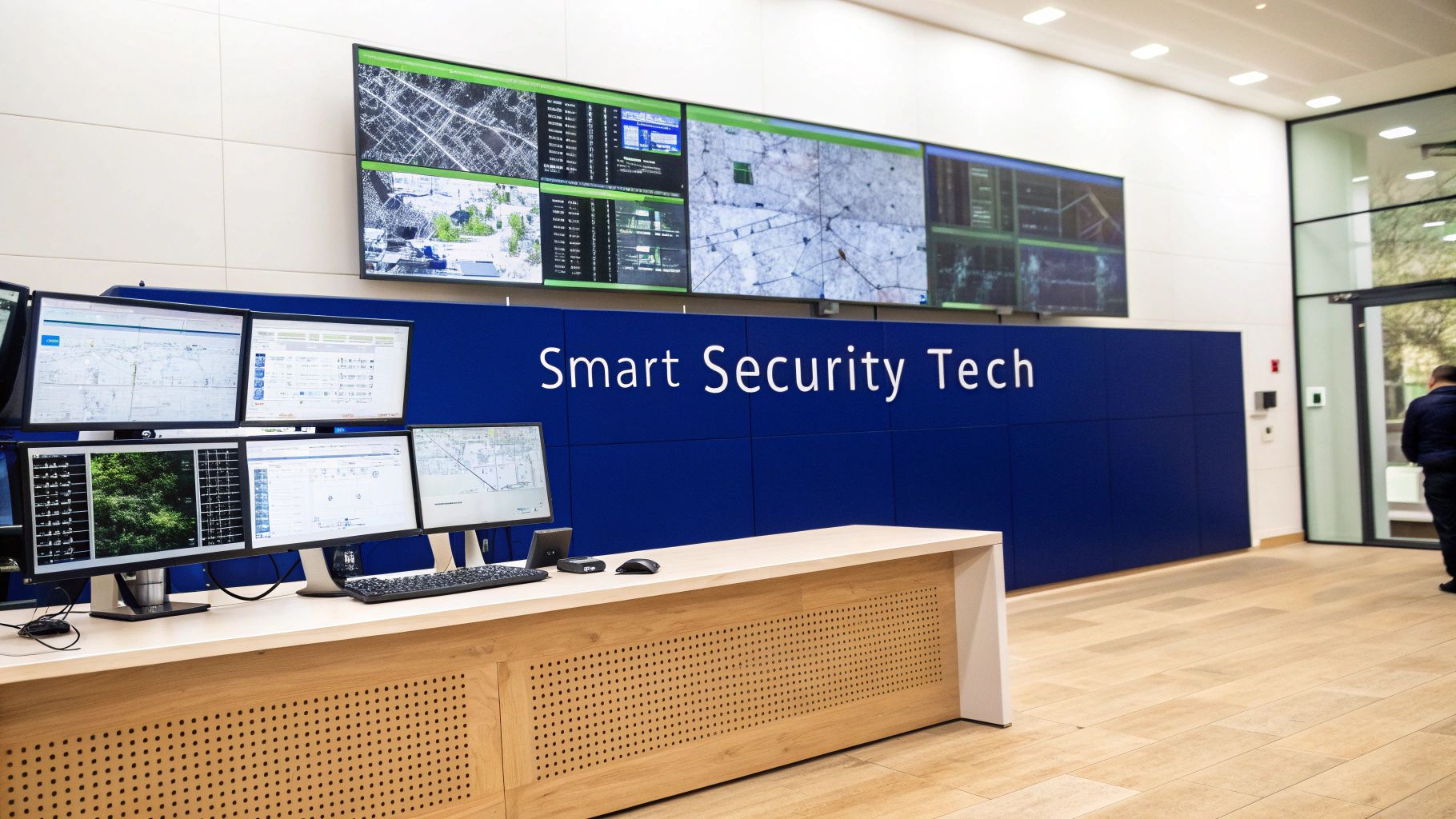 A security guard using a tablet to review site details with a modern Sydney building in the background.