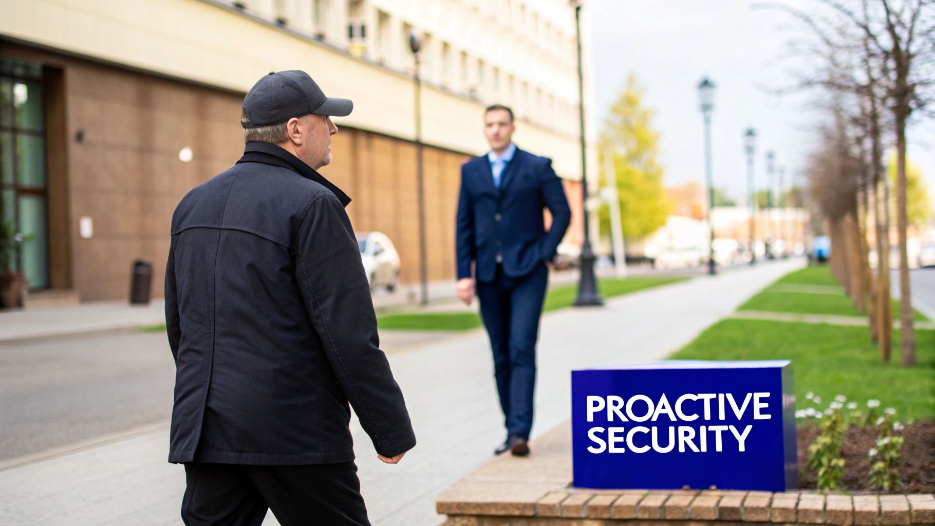 A personal security guard in a suit communicating via earpiece while standing in an urban environment.