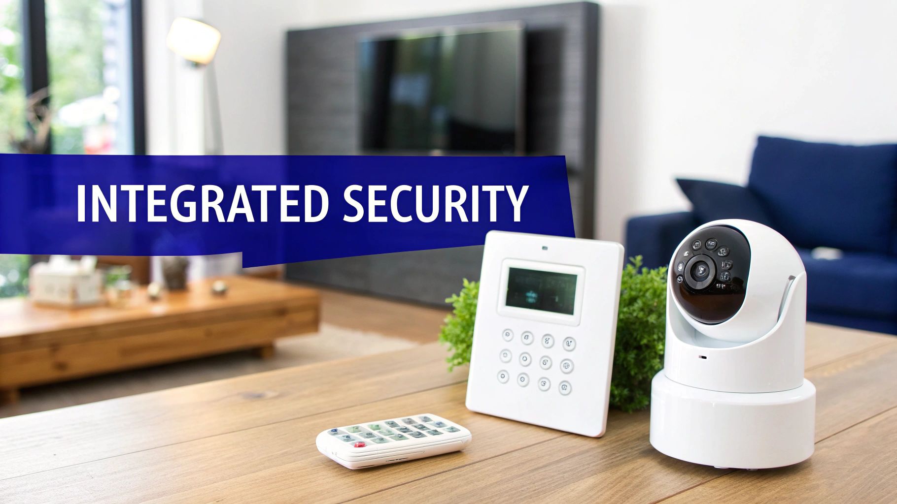 A smart home dashboard showing integrated security devices like cameras, lights, and alarms.