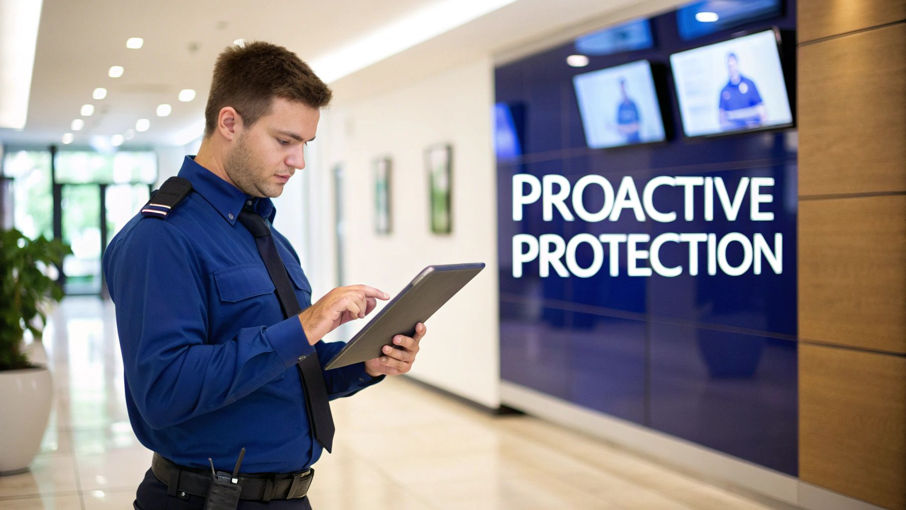 Security guard monitoring surveillance footage in an office