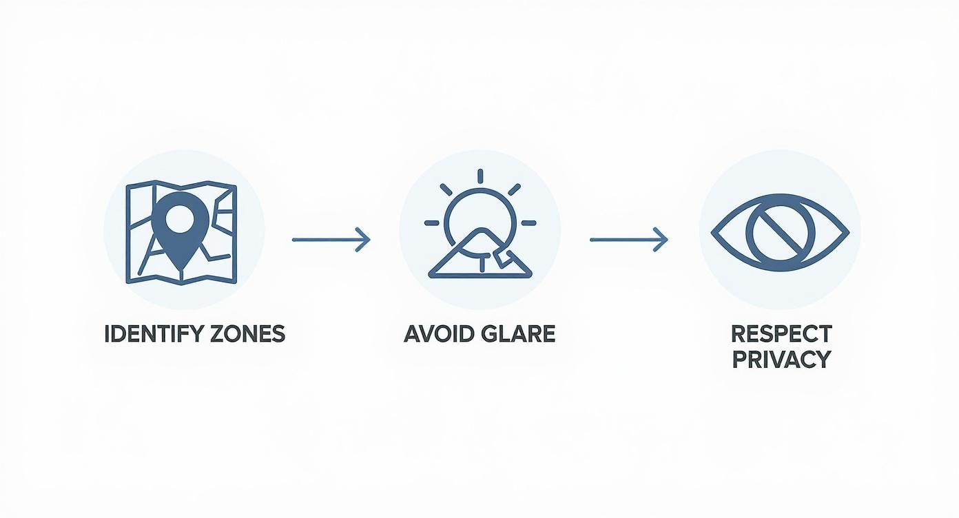 Infographic detailing the initial camera strategy process flow: Identify Zones, Avoid Glare, and Respect Privacy.