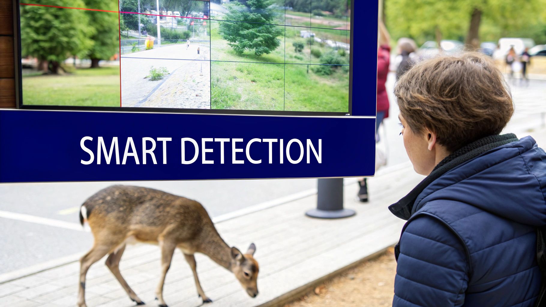 An AI-powered CCTV system highlighting human figures for intelligent analysis in a modern surveillance setup.