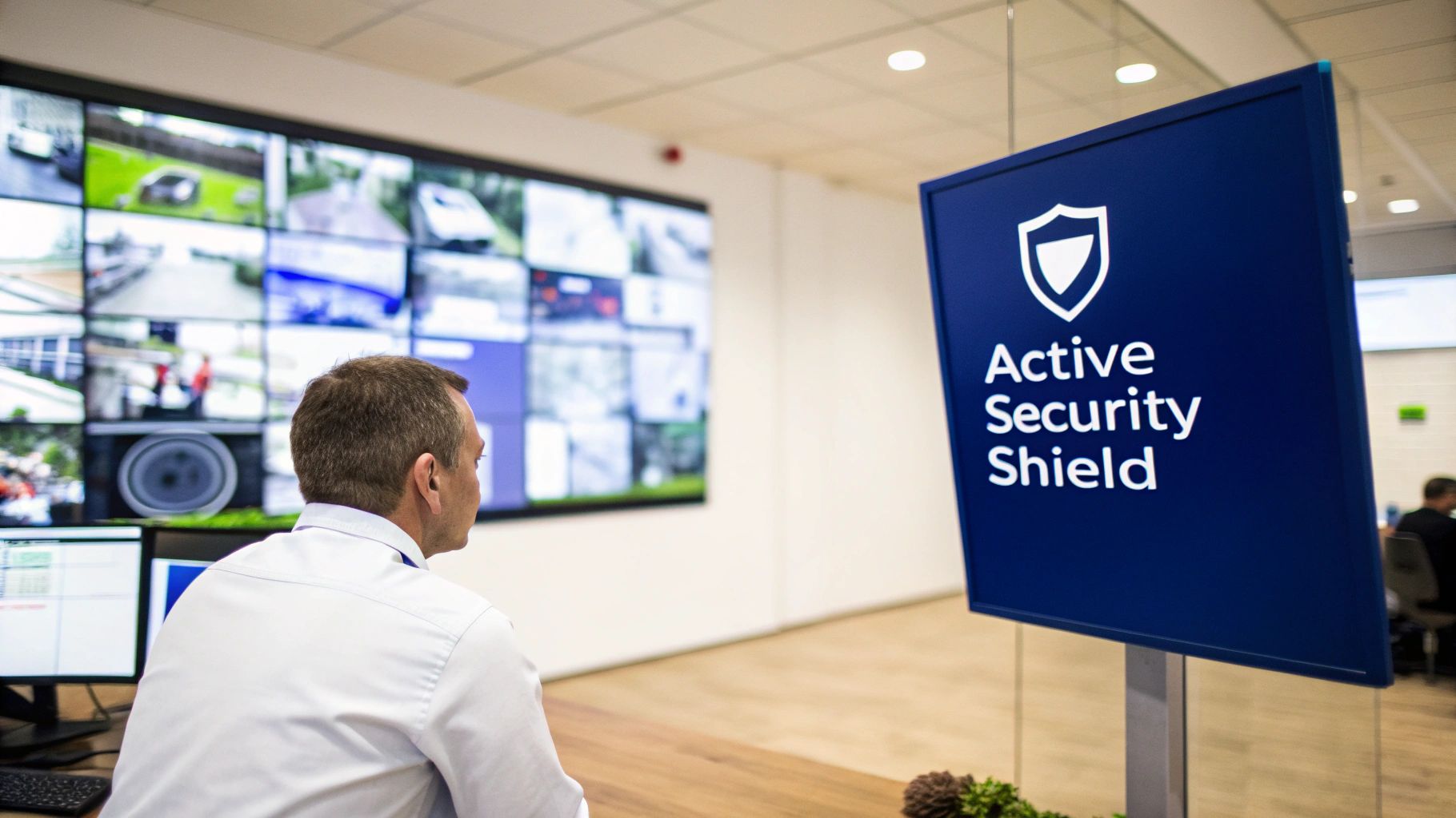 A modern CCTV security monitor setup showing multiple camera feeds on screens in a dark control room.