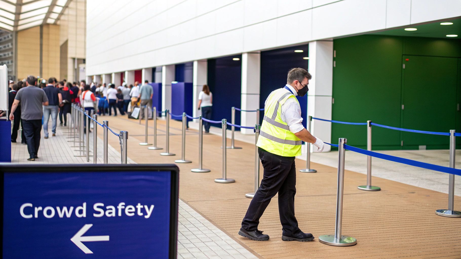 Security guard coordinating with team during a busy event, ensuring crowd safety.