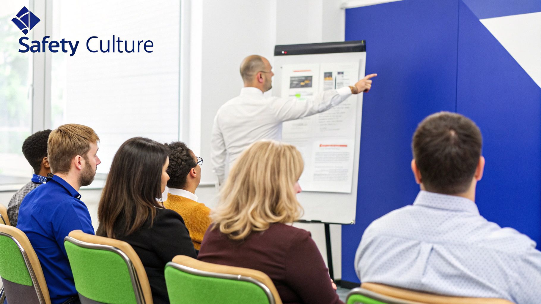 A diverse group of employees in a modern office collaborating on a safety plan, fostering a positive workplace culture.