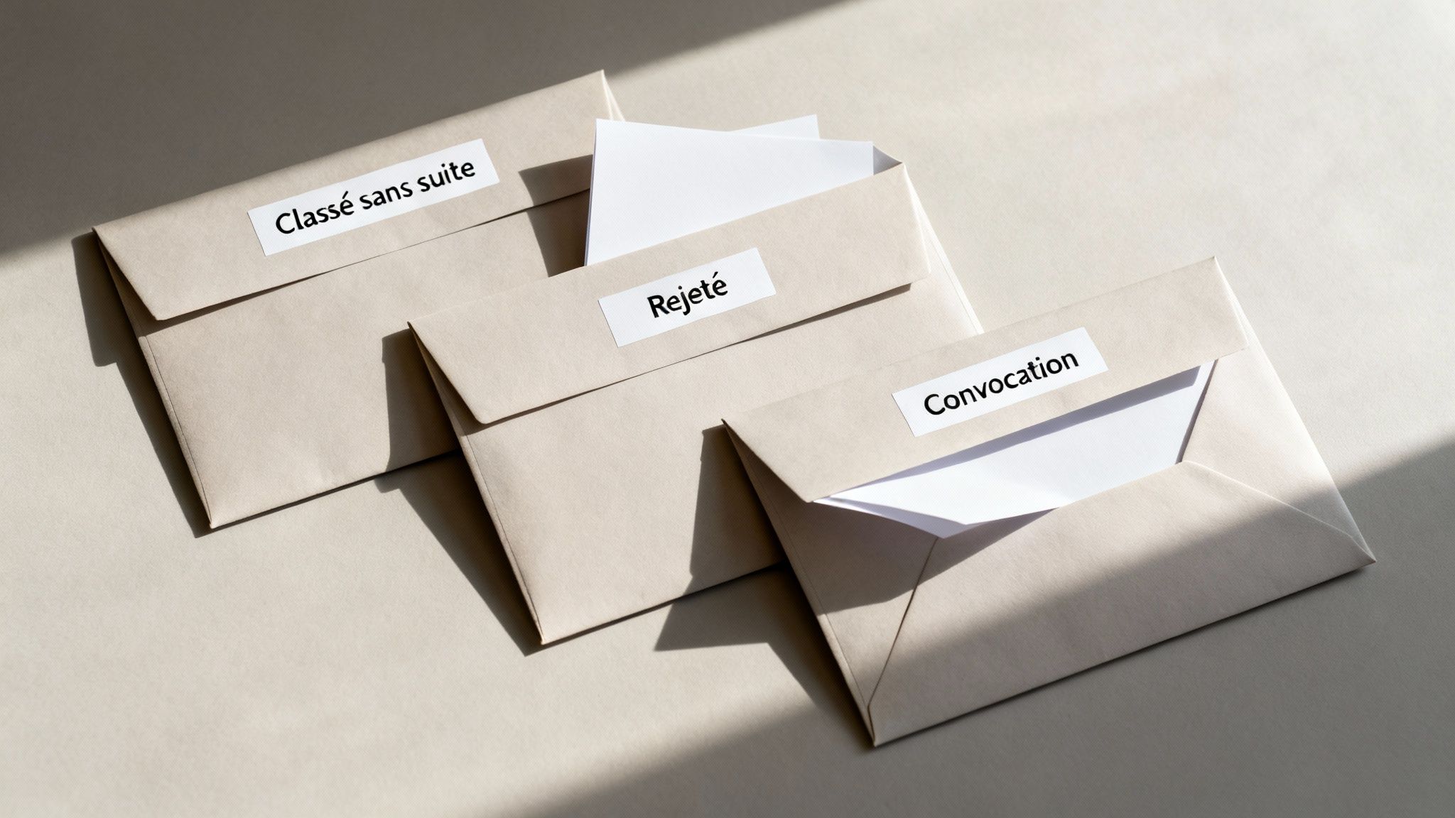 Trois enveloppes en papier kraft sur une table, étiquetées "Classé sans suite", "Rejeté" et "Convocation".