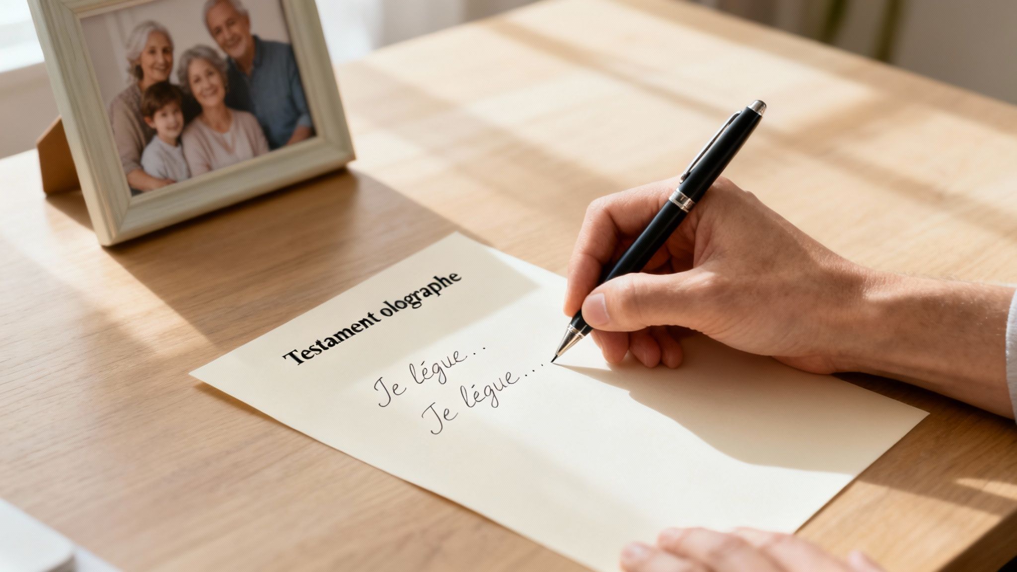 Une main écrit un testament olographe sur un bureau en bois, avec une photo de famille encadrée en arrière-plan.