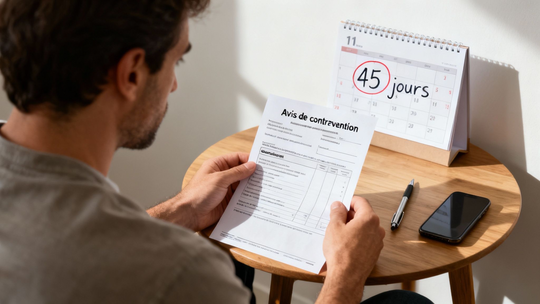 Un homme lit attentivement un avis de contravention, avec un calendrier montrant un délai de 45 jours.
