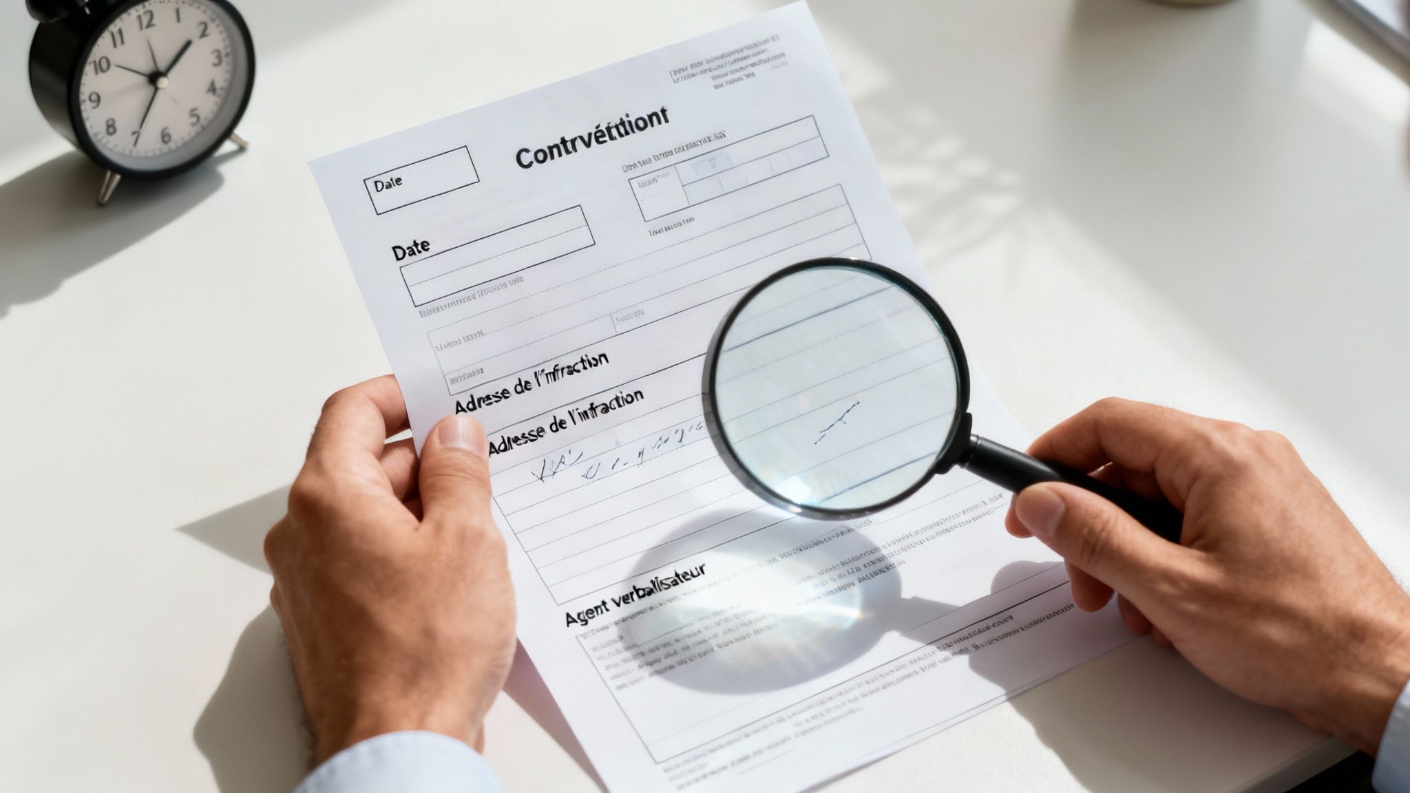 Une personne examine attentivement un document intitulé "Contrvéttiont" avec une loupe sur un bureau blanc, un réveil à proximité.