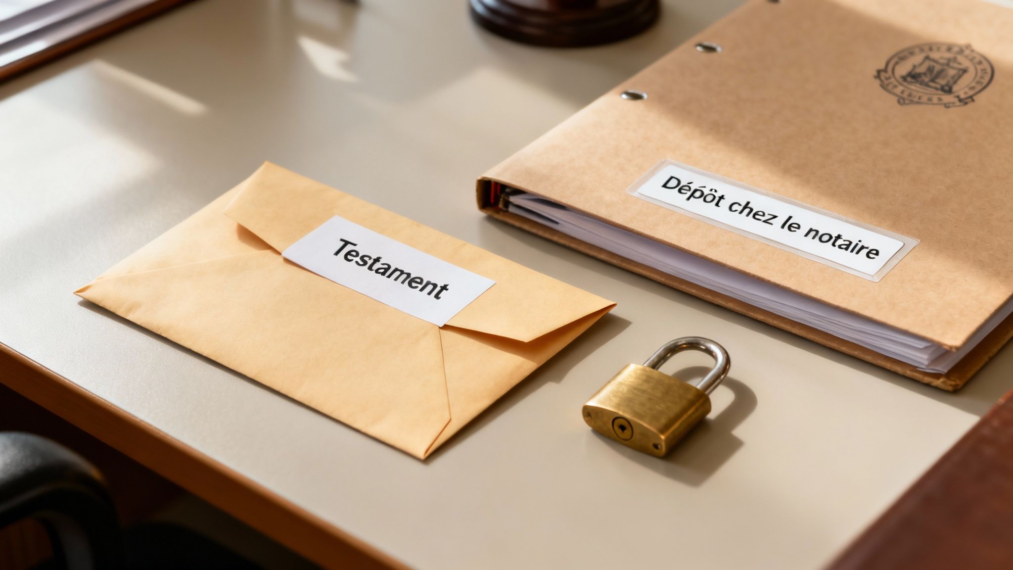 Une enveloppe avec "Testament", un dossier "Dépôt chez le notaire" et un cadenas sur un bureau, symbolisant la planification successorale.