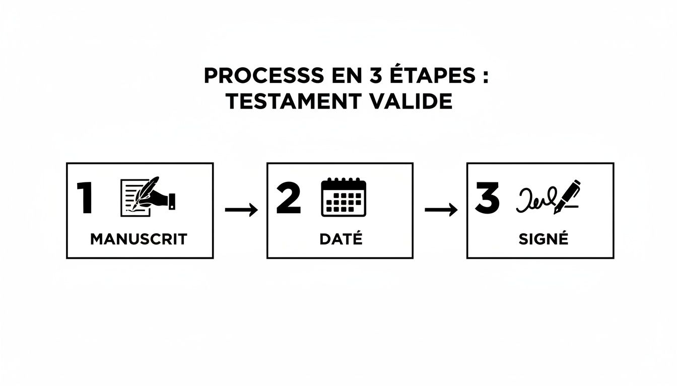 Processus visuel en 3 étapes pour rédiger un testament olographe valide : manuscrit, daté et signé.