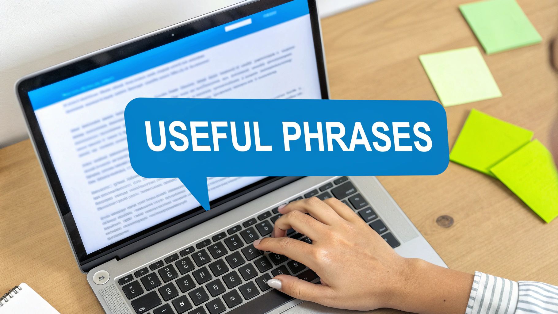 A person typing on a laptop keyboard, with a blue speech bubble displaying "USEFUL PHRASES."
