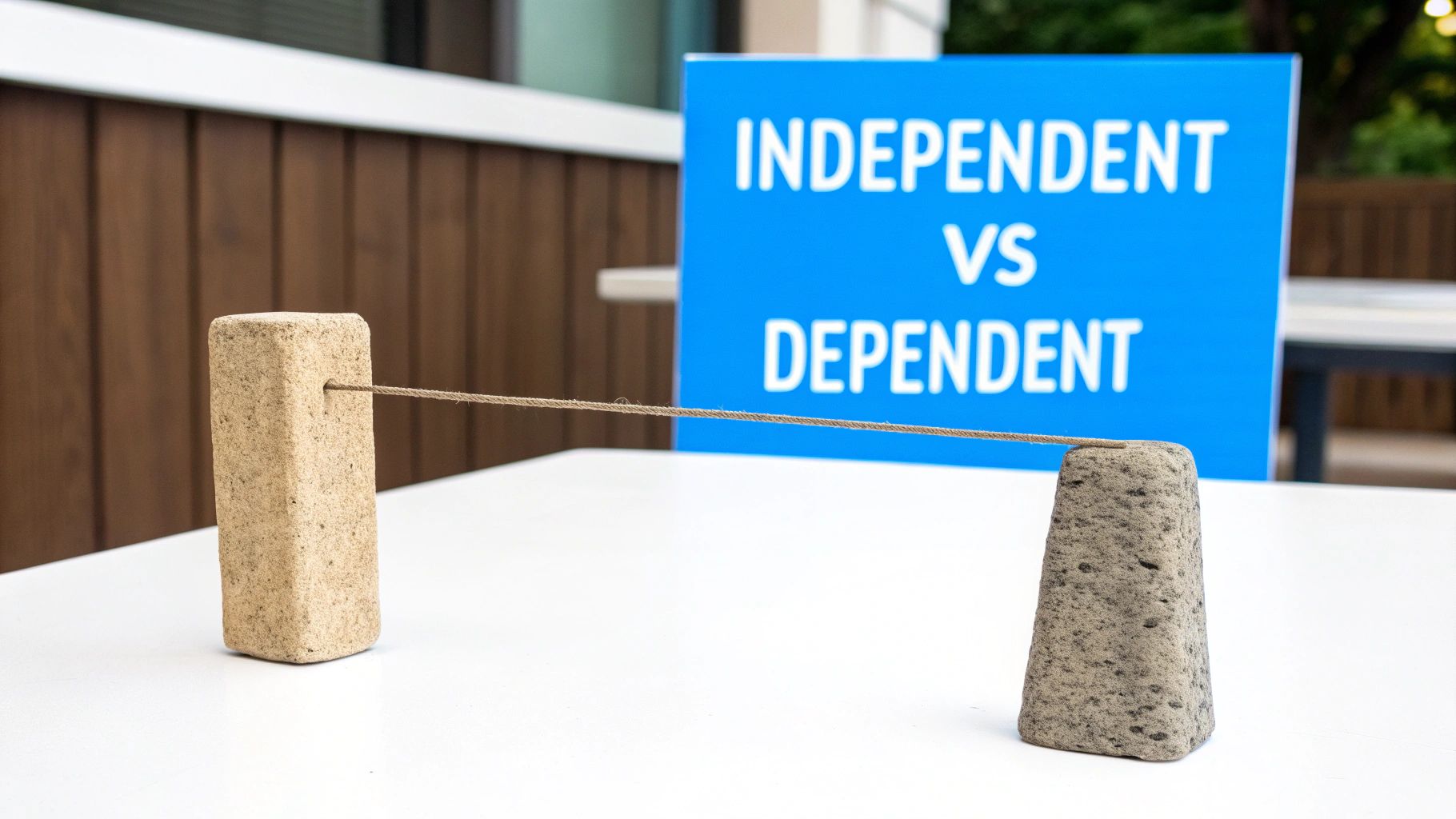Two stone blocks linked by a string, with an 'INDEPENDENT VS DEPENDENT' sign behind them.