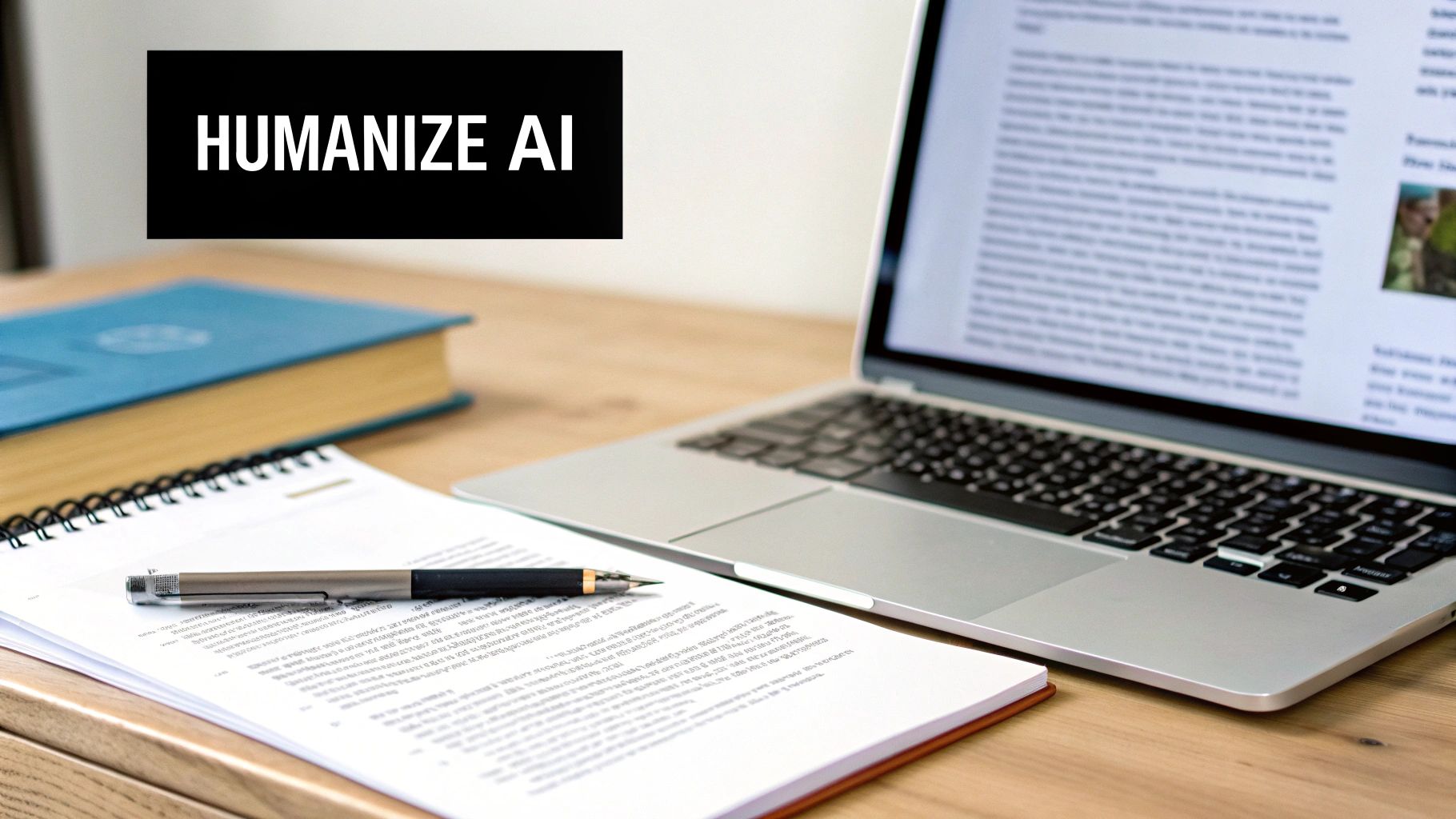 A desk with a laptop displaying text, an open notebook with a pen, a blue book, and 'HUMANIZE AI' text overlay.