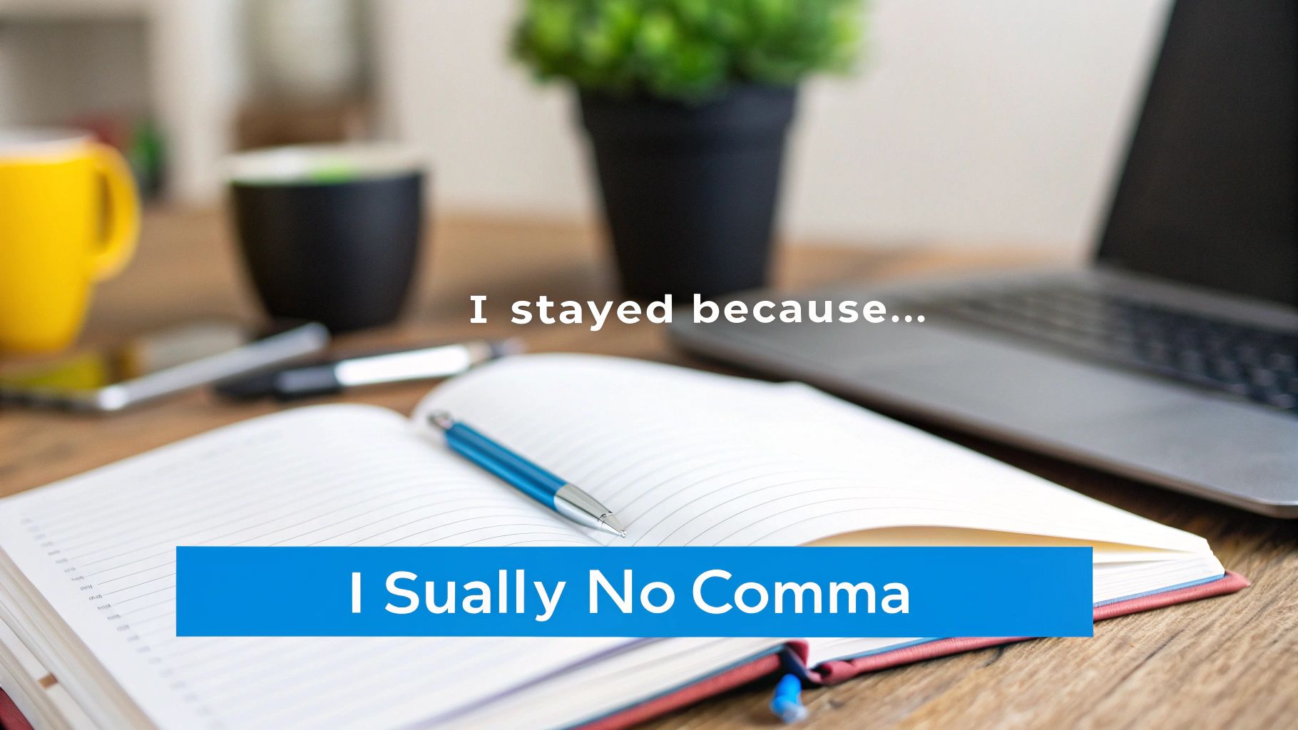 Desk workspace with laptop, notebook, blue pen, and text about comma usage with because