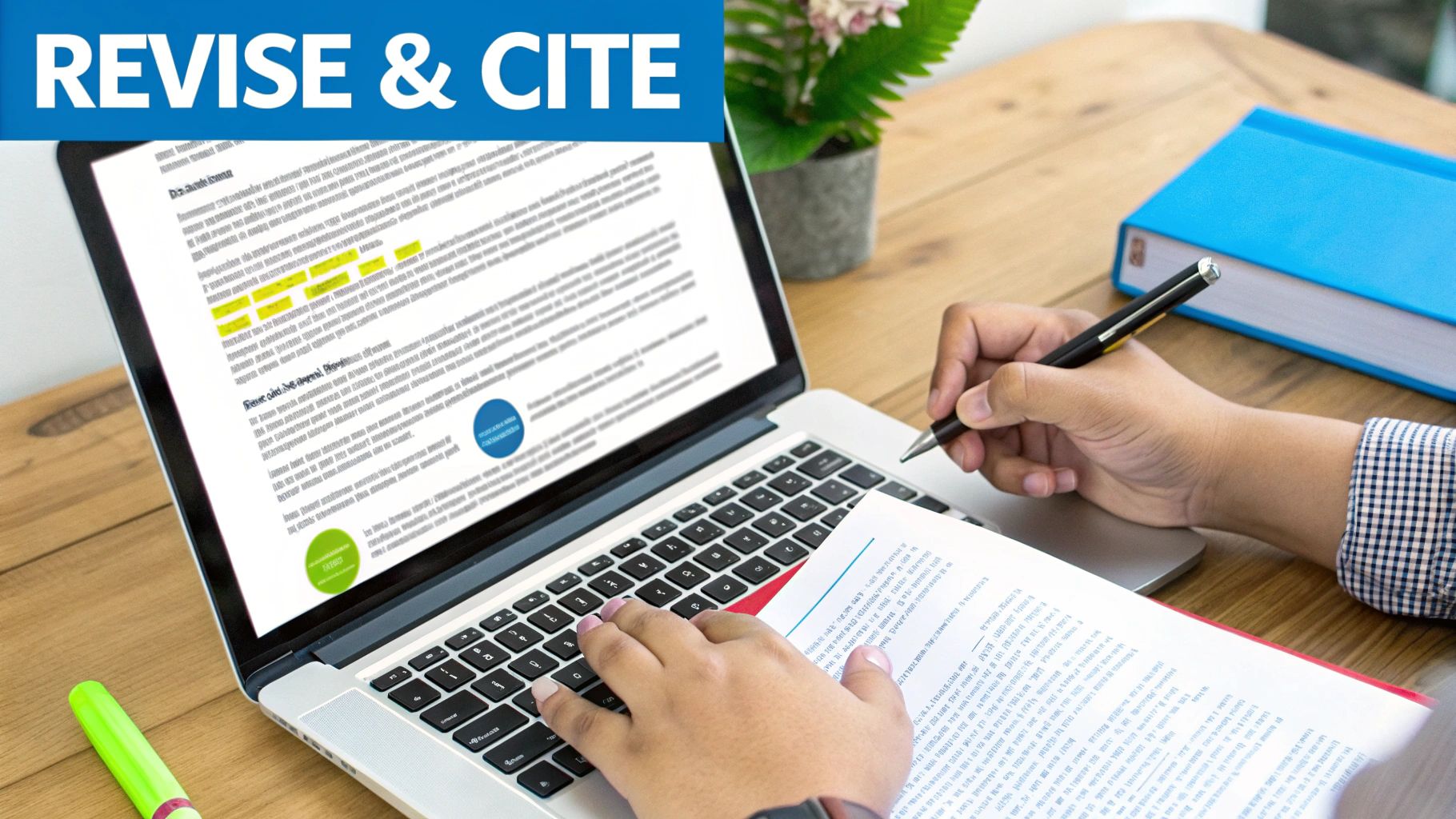 A person editing a document with highlighted text, symbolizing the process of fixing plagiarism issues.