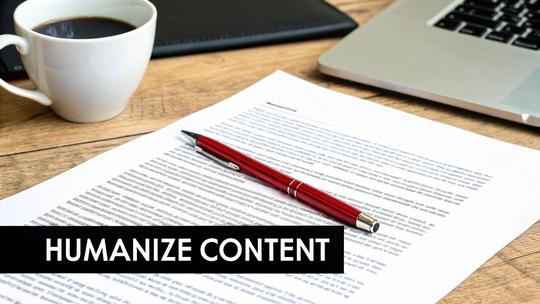 A desk with a white coffee cup, laptop, document, and red pen, emphasizing content optimization.
