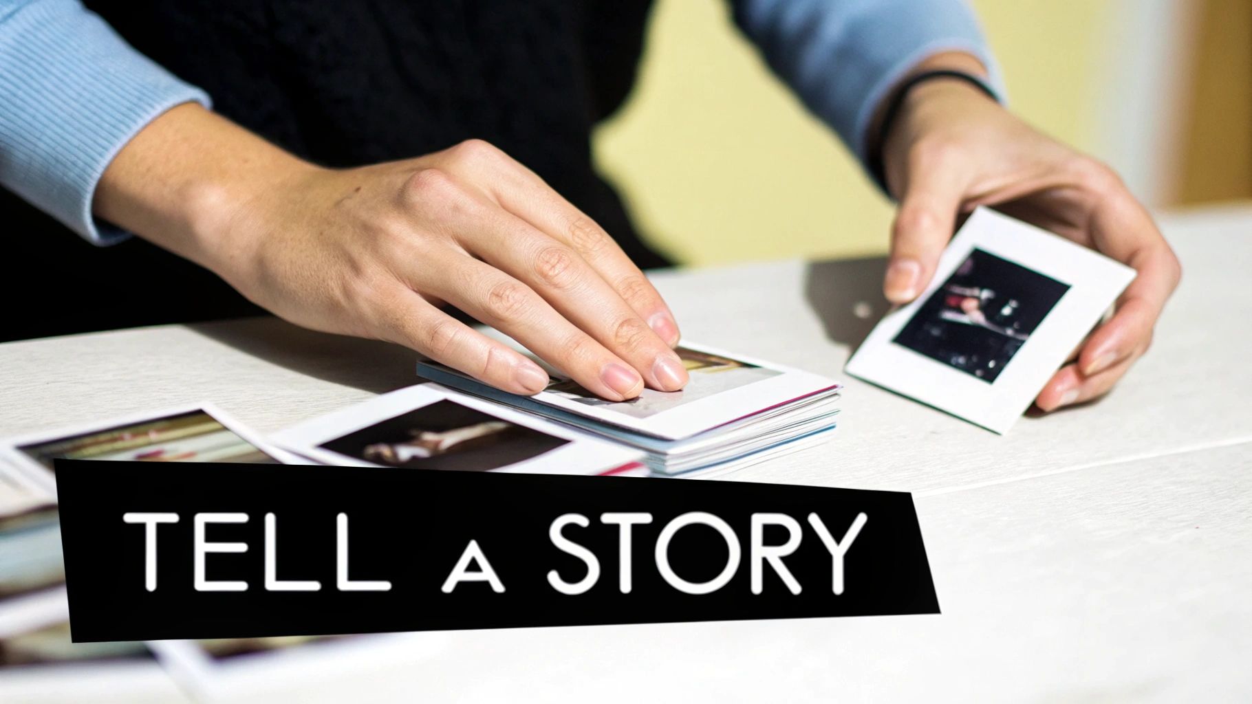 Close-up of hands arranging a stack of instant photos on a table, with 'TELL A STORY' overlay.