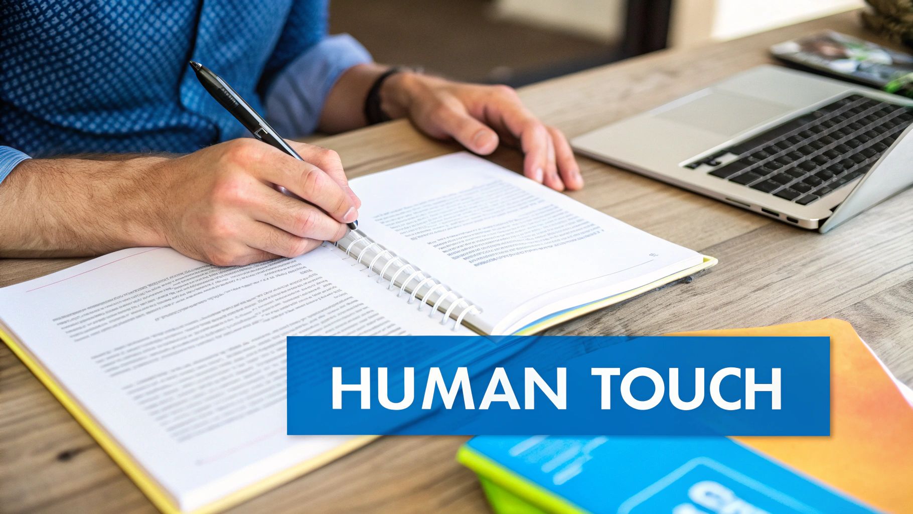 A split-screen showing robotic, uniform text on one side and creative, human-like text with doodles on the other.