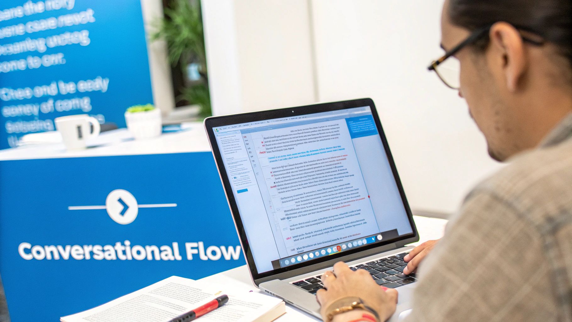 A person editing a document on a laptop with a cup of coffee nearby, showing a focused yet relaxed writing environment.