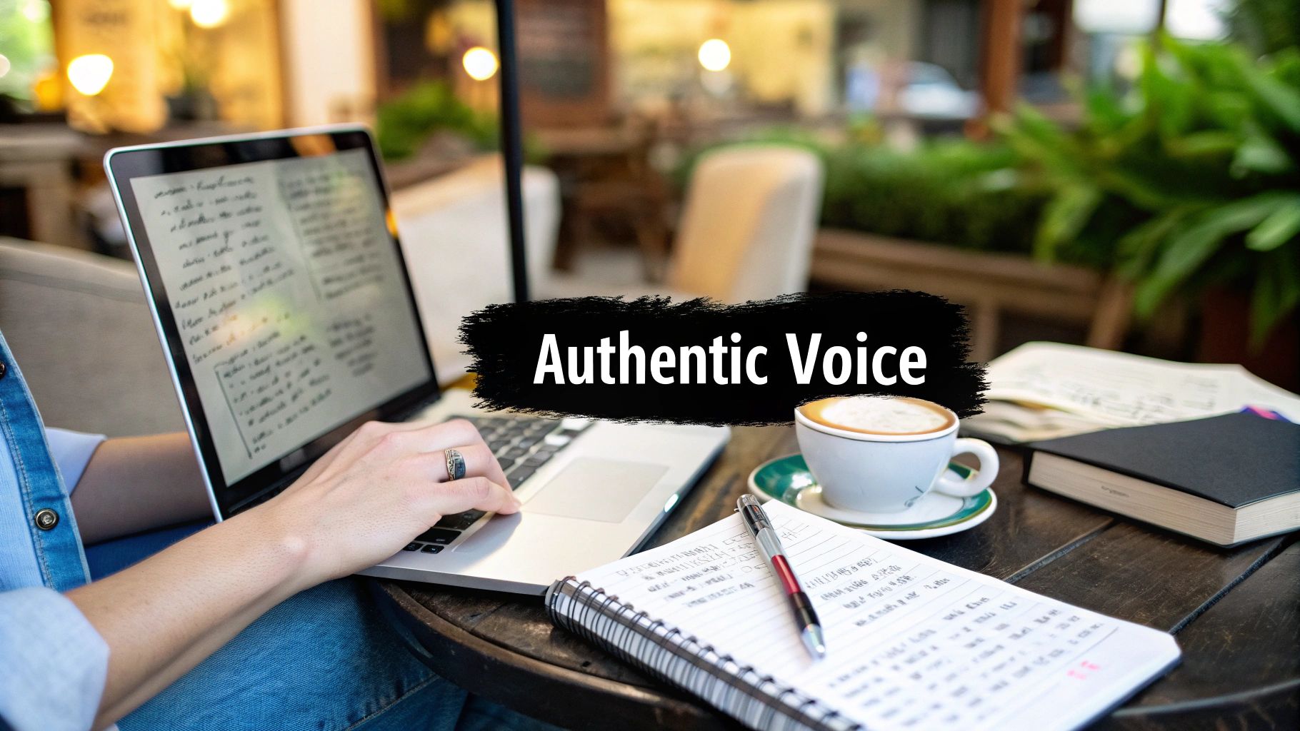 Person typing on a laptop at a cafe with coffee, notebook, and 'Authentic Voice' text overlay.