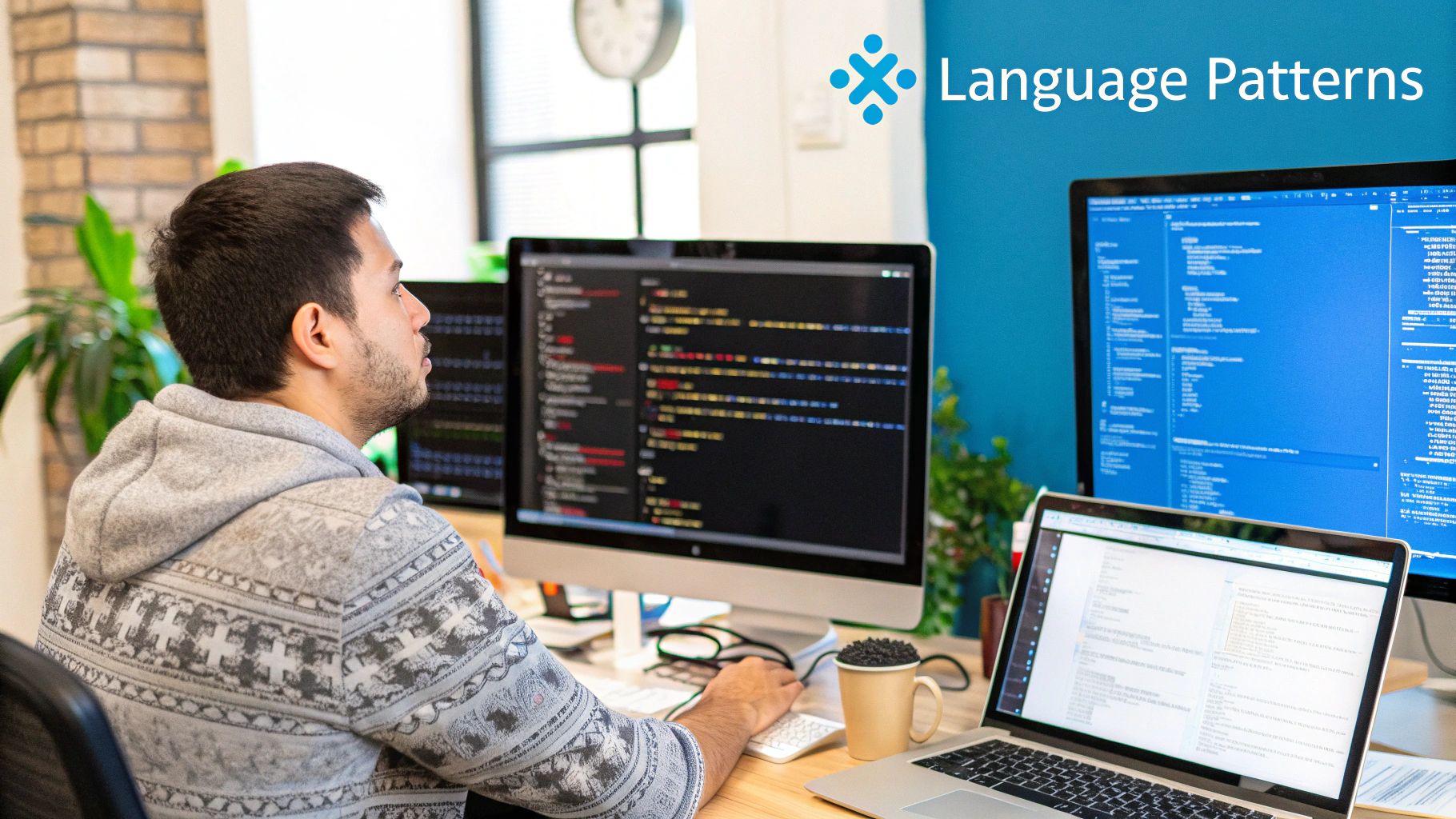 A person typing on a laptop with a thoughtful expression, surrounded by creative elements like lightbulbs and sketches.